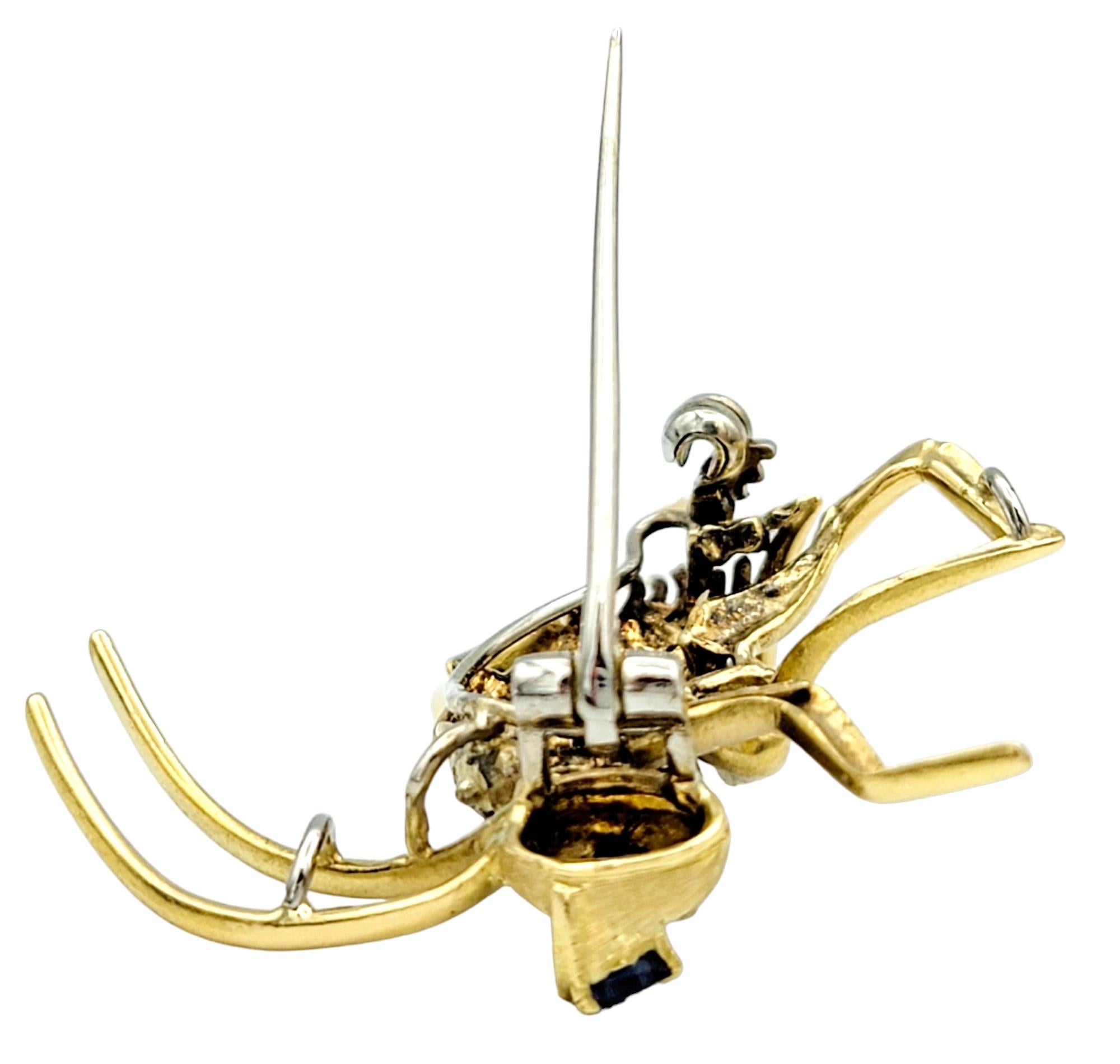 Women's or Men's Playful 14 Karat Yellow Gold Cricket Brooch with Sapphire and Ruby Accents  For Sale