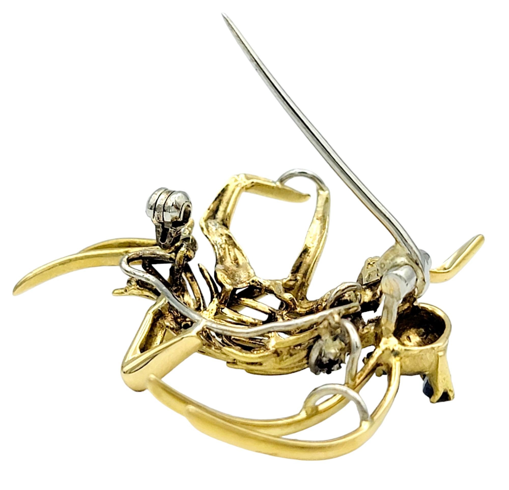 Playful 14 Karat Yellow Gold Cricket Brooch with Sapphire and Ruby Accents  For Sale 1