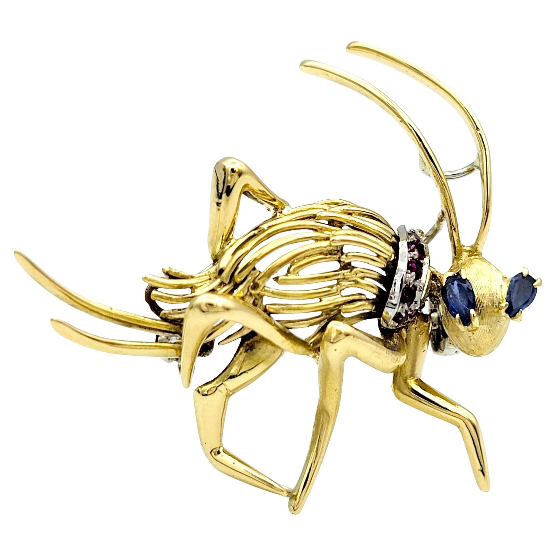 Playful 14 Karat Yellow Gold Cricket Brooch with Sapphire and Ruby Accents  For Sale