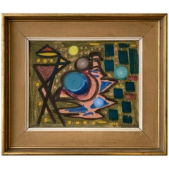 Vintage Playful Abstract Decorative Midcentury Painting Signed, Unknown