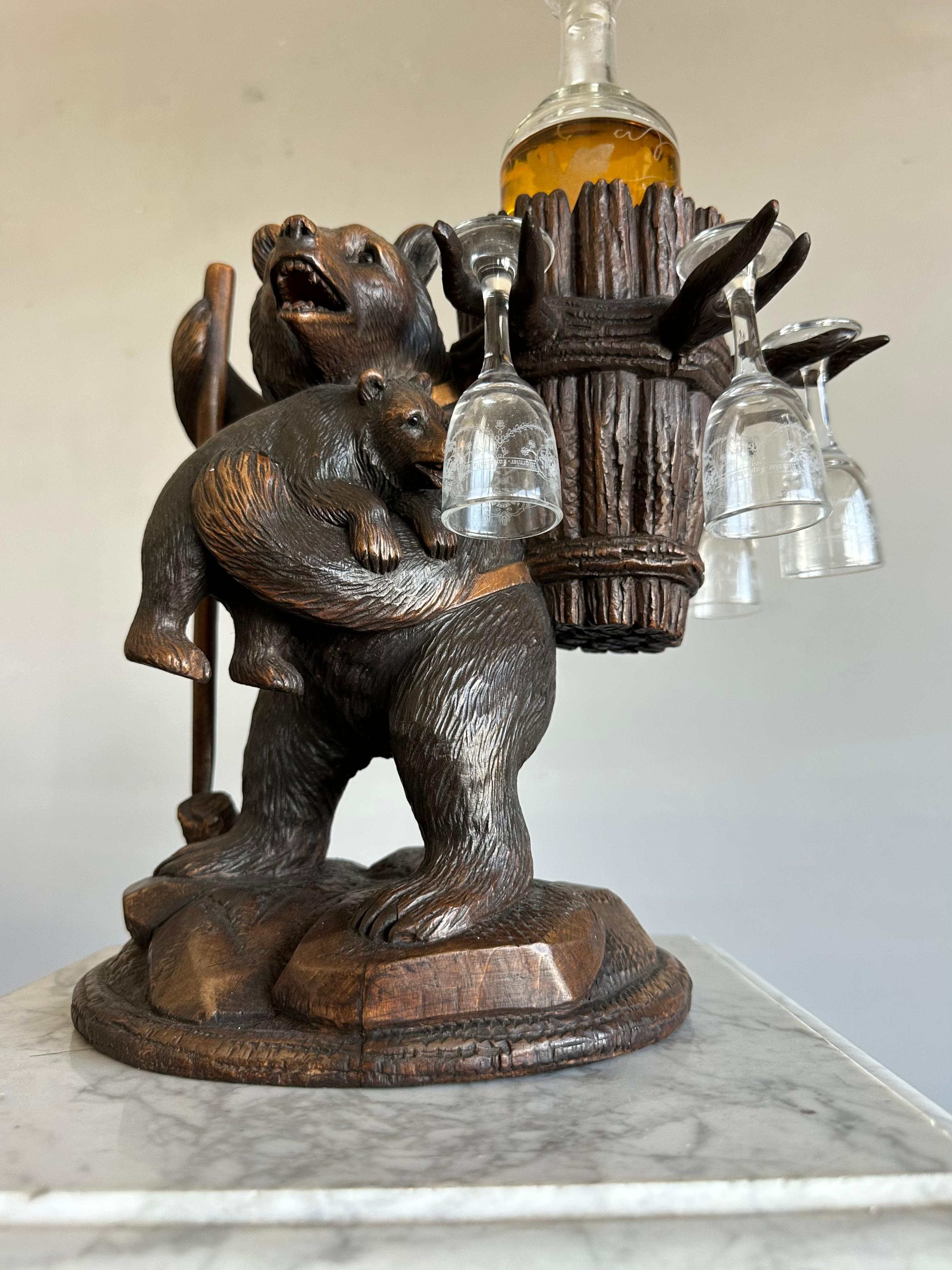 Playful Antique Black Forest Bear Family Liquor Tantalus with Glasses & Decanter For Sale 4