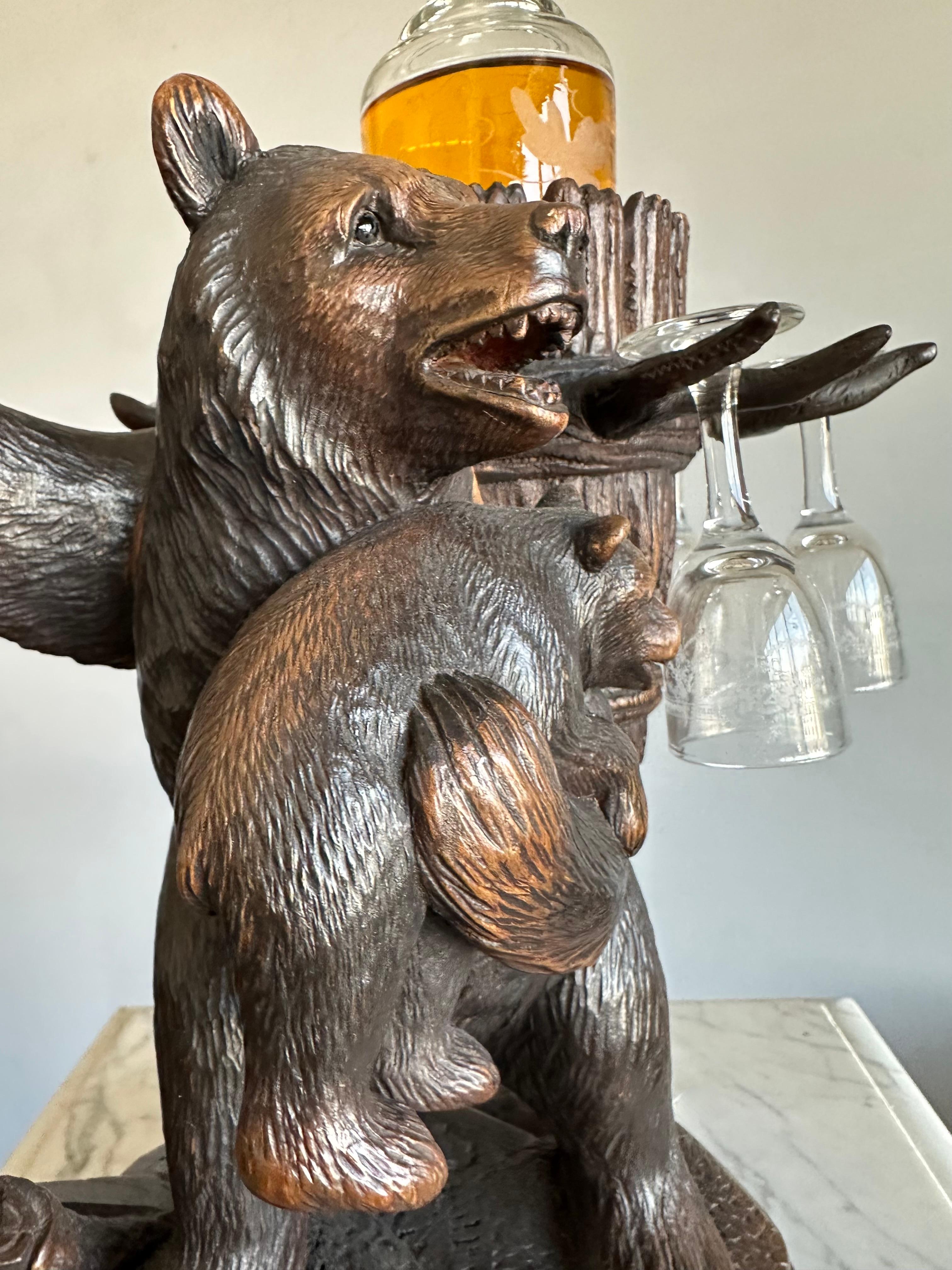 Playful Antique Black Forest Bear Family Liquor Tantalus with Glasses & Decanter For Sale 5