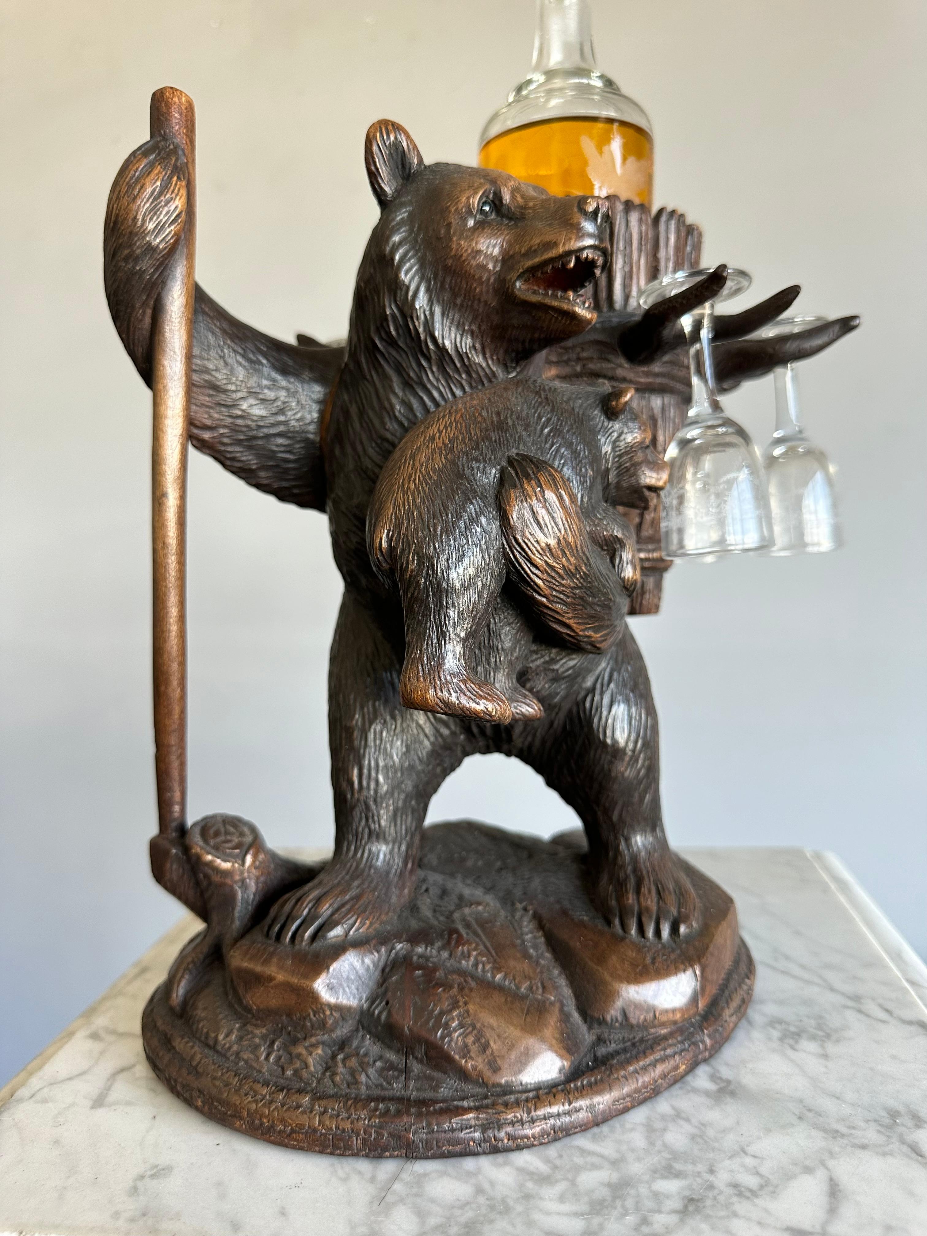 Playful Antique Black Forest Bear Family Liquor Tantalus with Glasses & Decanter For Sale 6