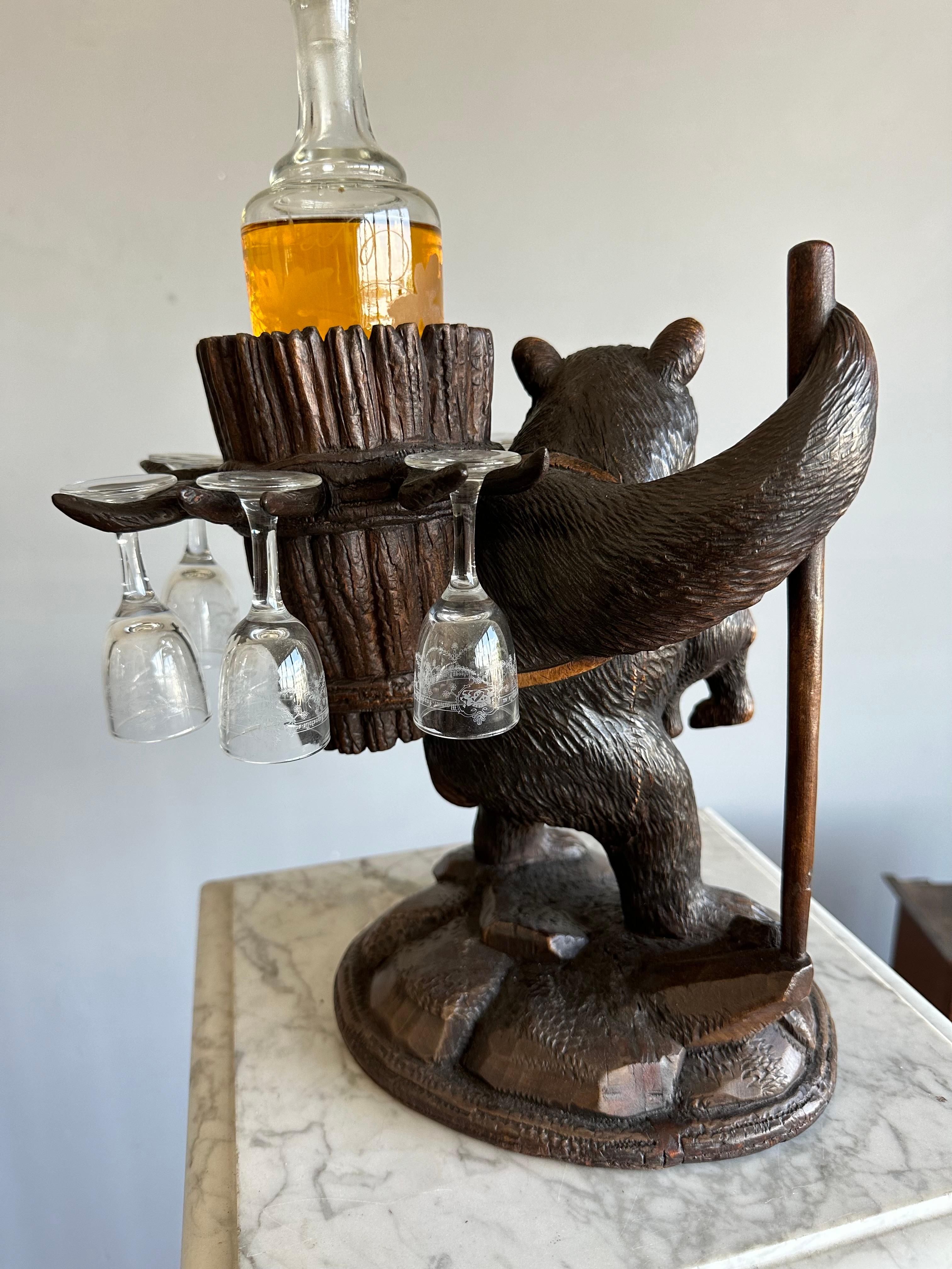 Playful Antique Black Forest Bear Family Liquor Tantalus with Glasses & Decanter For Sale 8