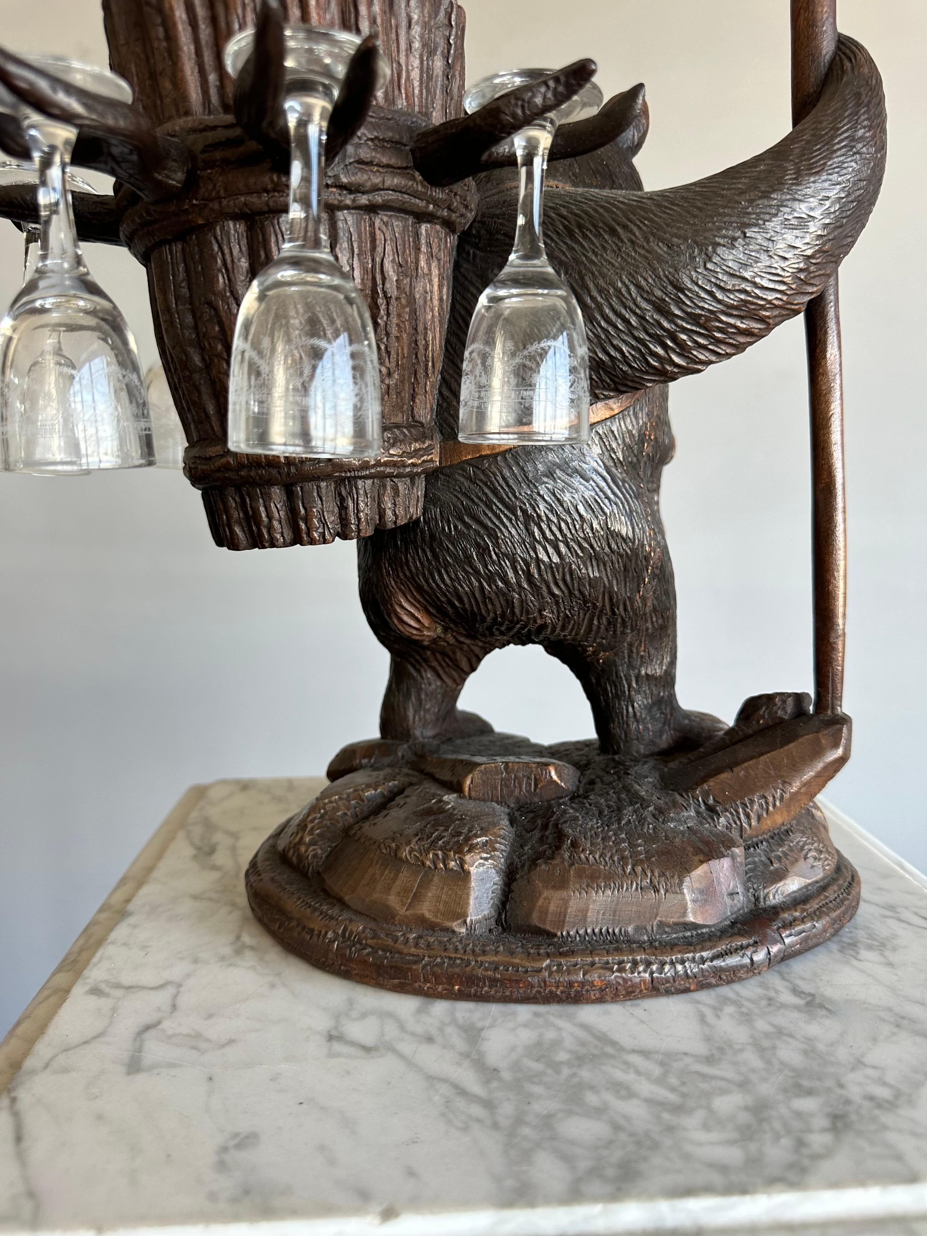 Playful Antique Black Forest Bear Family Liquor Tantalus with Glasses & Decanter For Sale 9