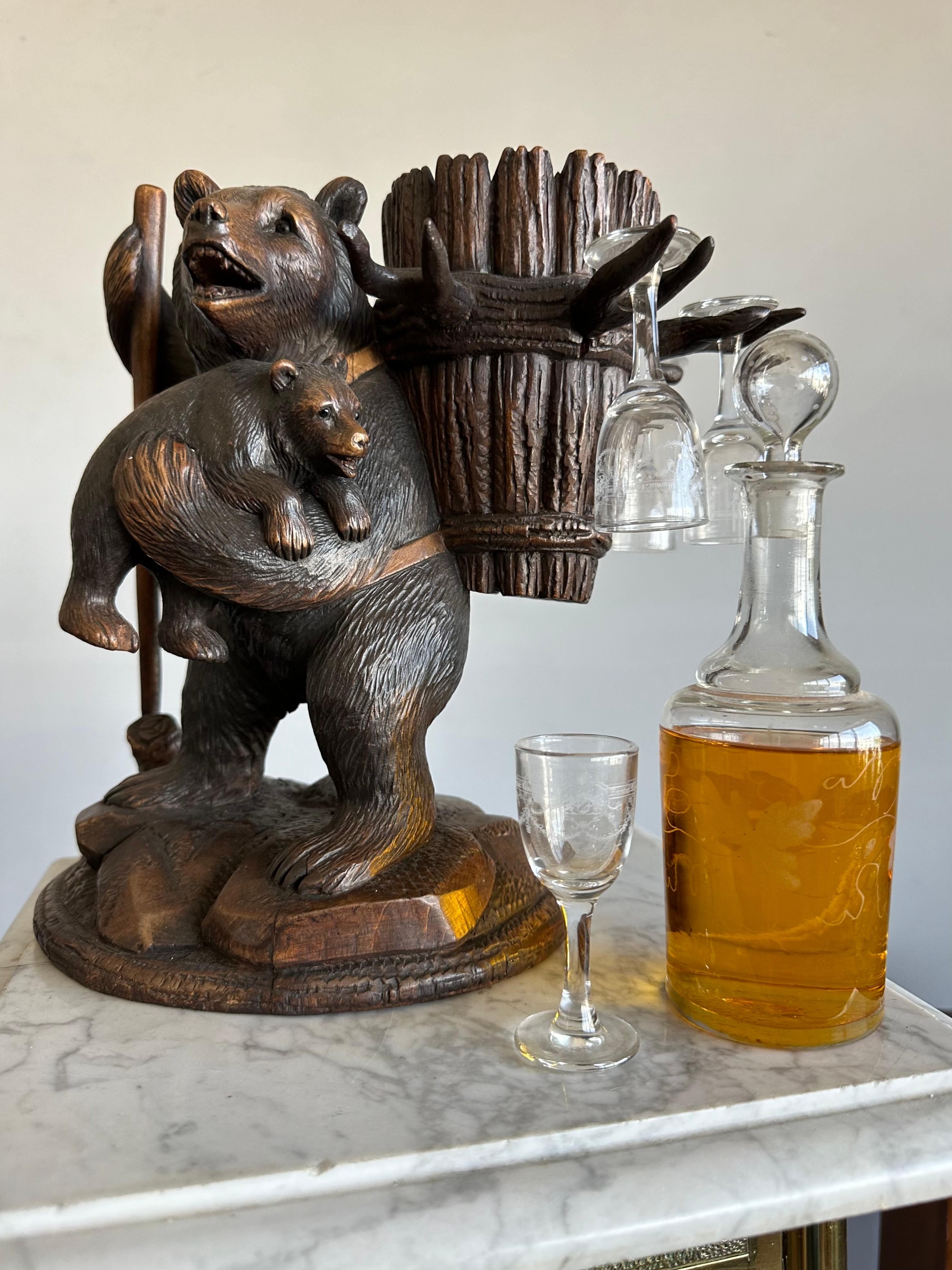 Playful Antique Black Forest Bear Family Liquor Tantalus with Glasses & Decanter For Sale 12