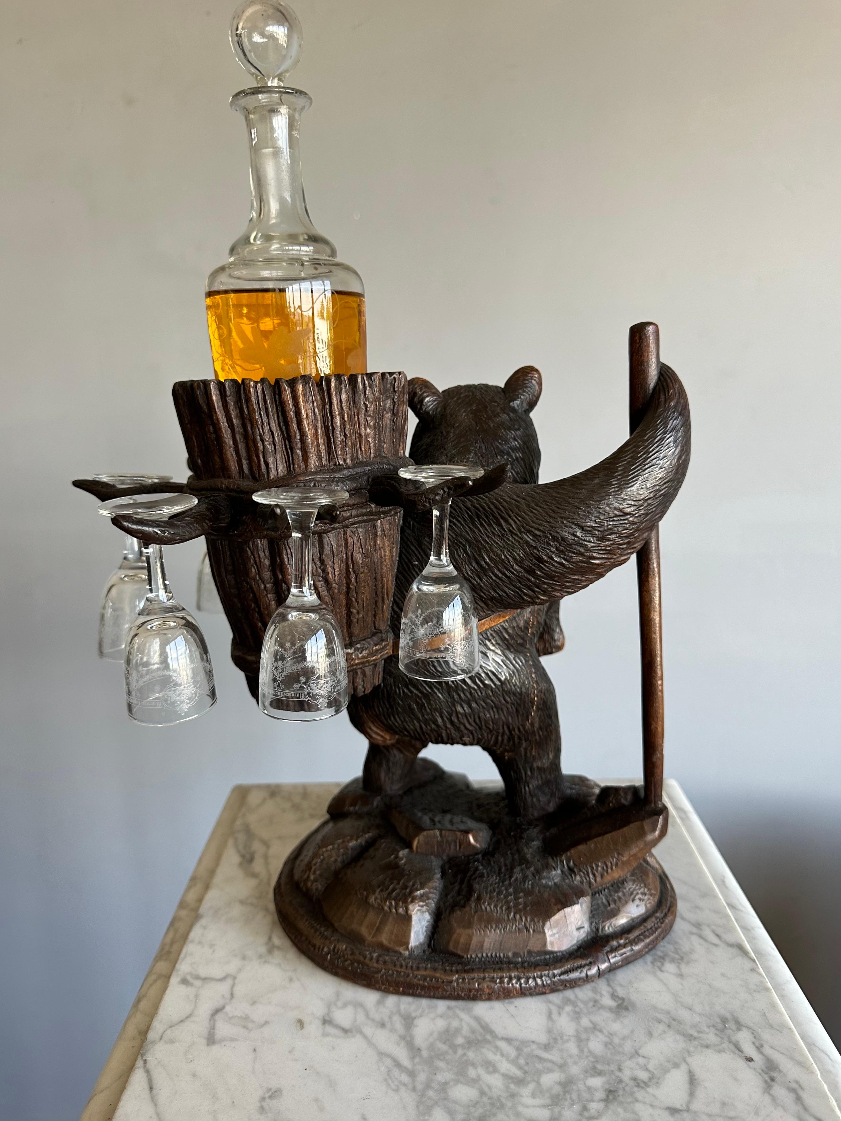 Playful Antique Black Forest Bear Family Liquor Tantalus with Glasses & Decanter For Sale 13