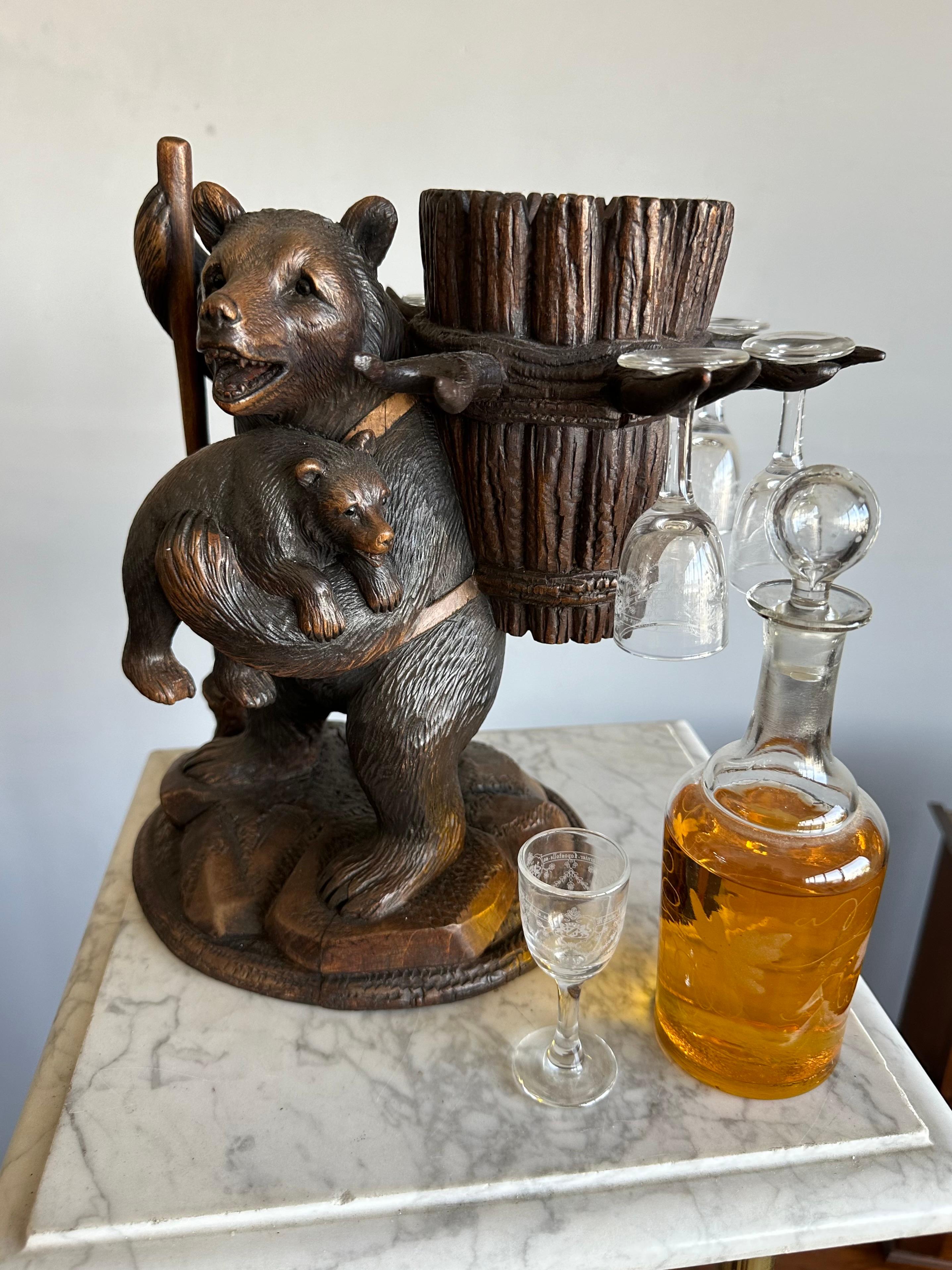 Swiss Playful Antique Black Forest Bear Family Liquor Tantalus with Glasses & Decanter For Sale