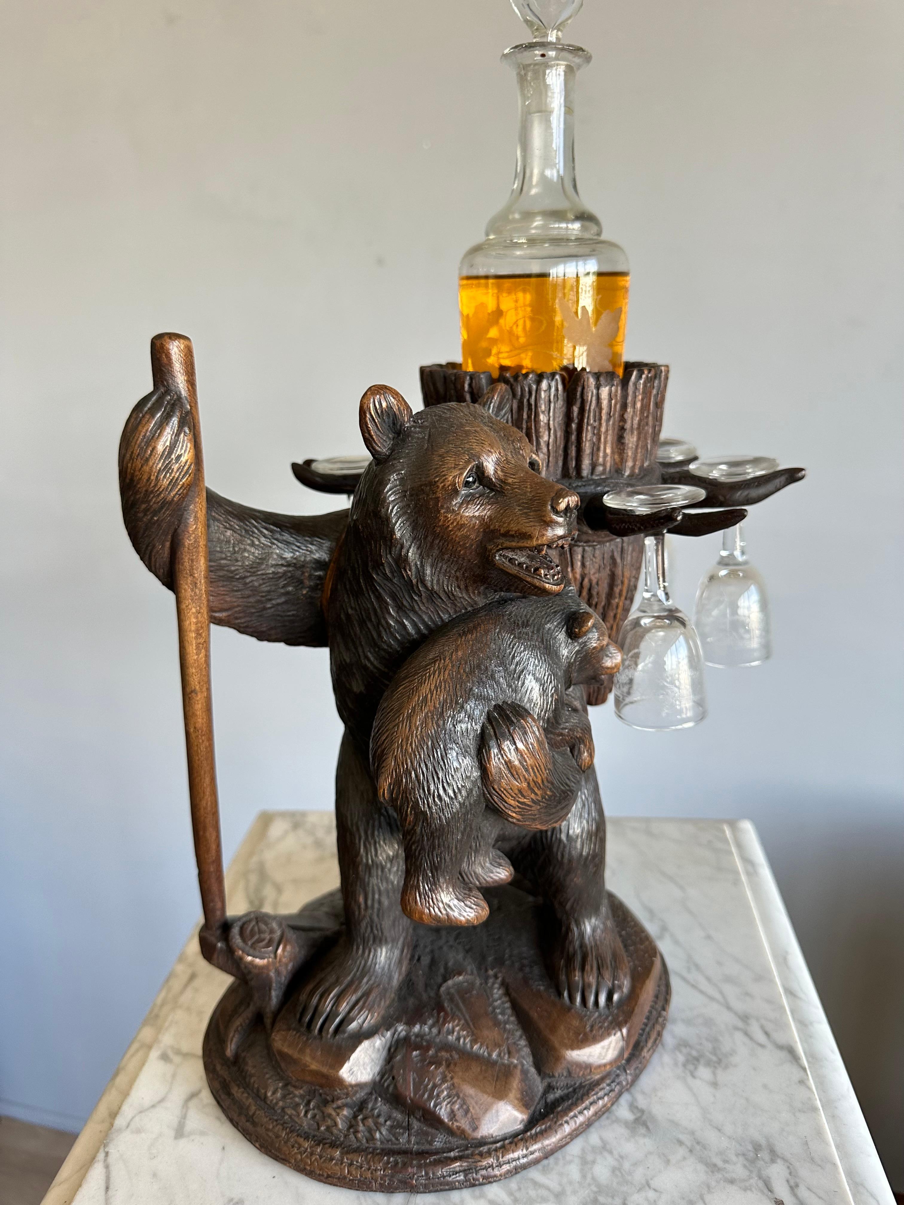 Hand-Carved Playful Antique Black Forest Bear Family Liquor Tantalus with Glasses & Decanter For Sale