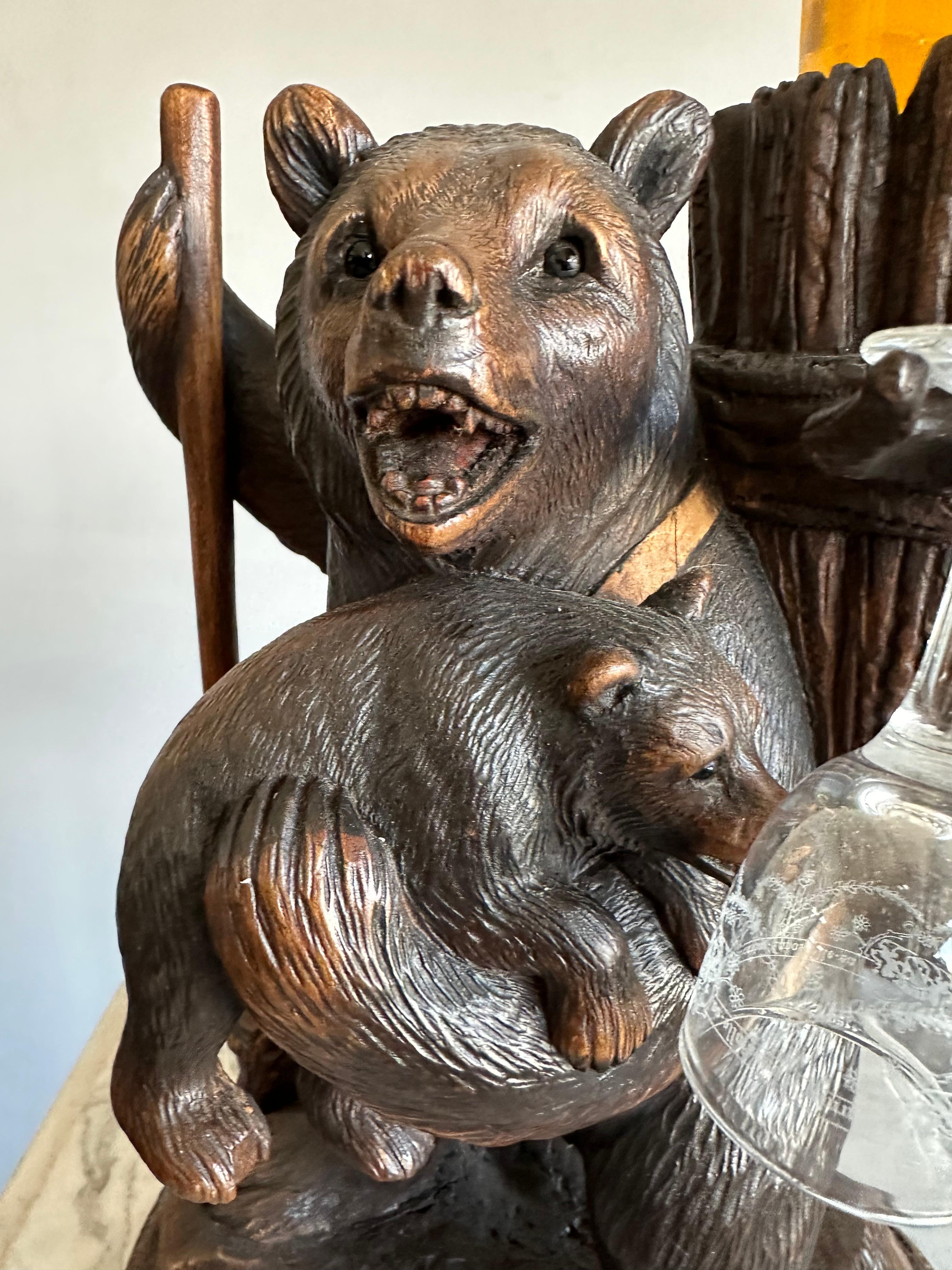 Playful Antique Black Forest Bear Family Liquor Tantalus with Glasses & Decanter For Sale 1