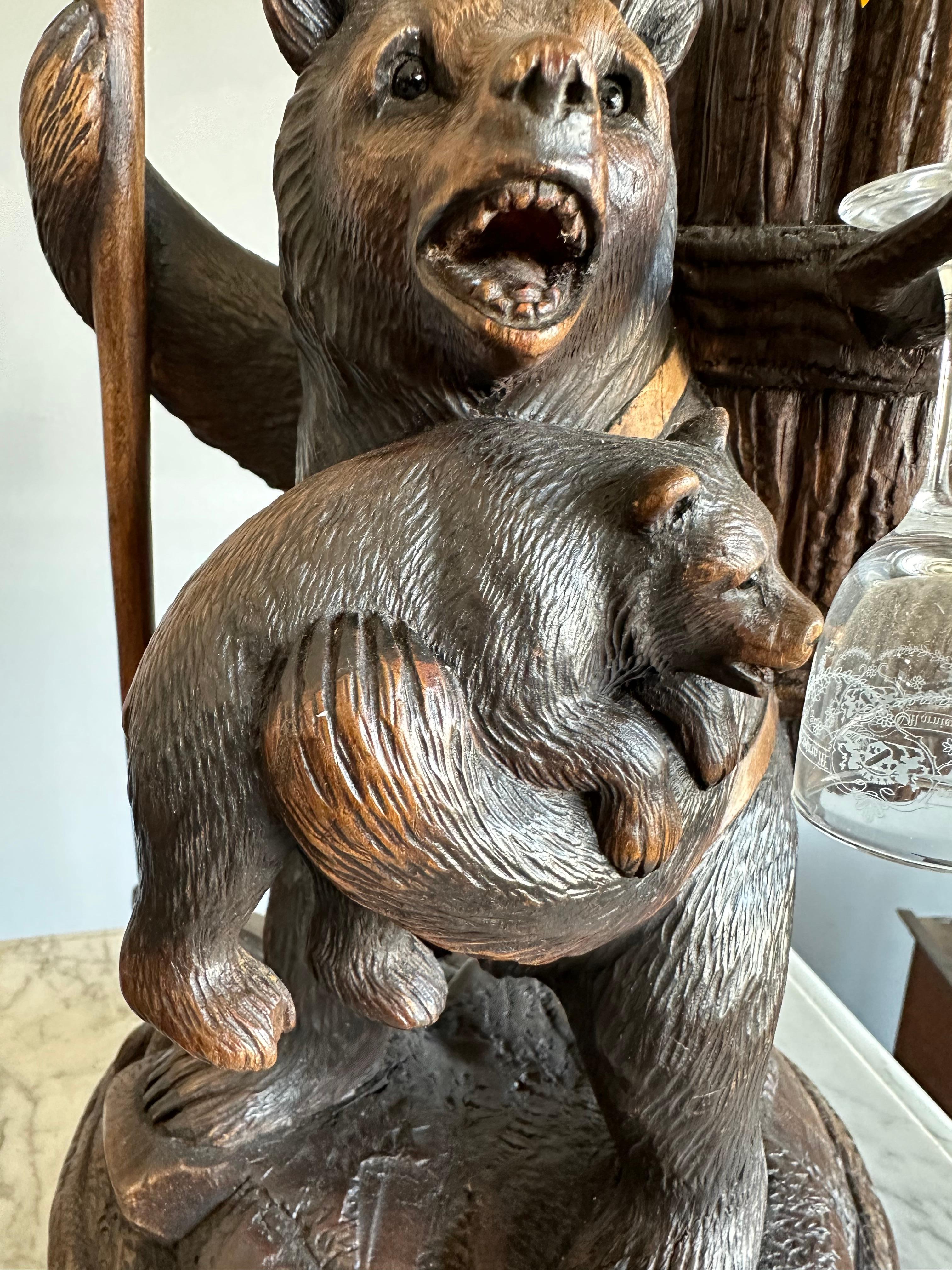 Playful Antique Black Forest Bear Family Liquor Tantalus with Glasses & Decanter For Sale 2