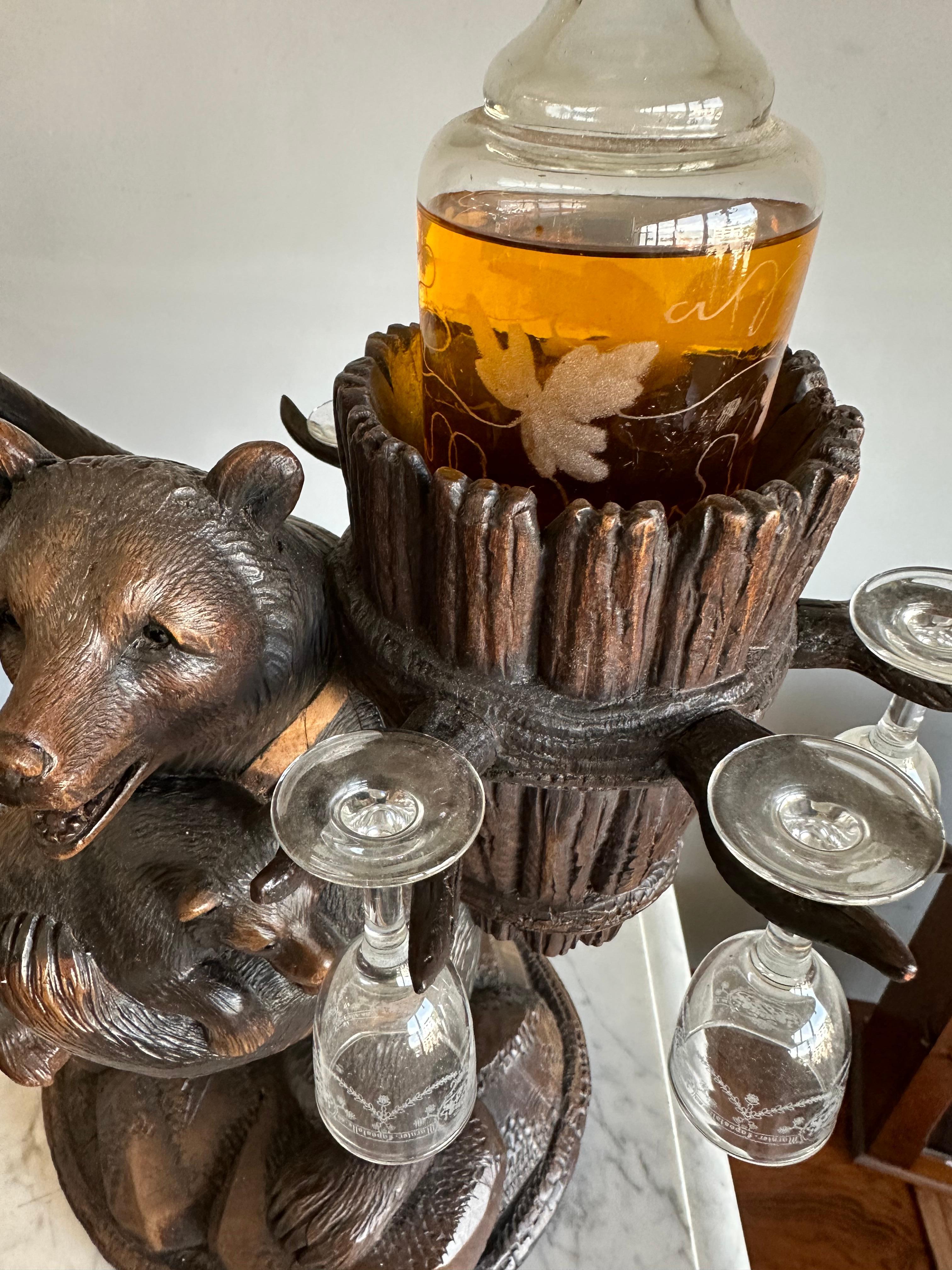 Playful Antique Black Forest Bear Family Liquor Tantalus with Glasses & Decanter For Sale 3