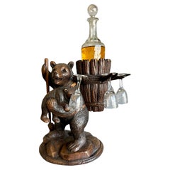 Playful Antique Black Forest Bear Family Liquor Tantalus with Glasses & Decanter