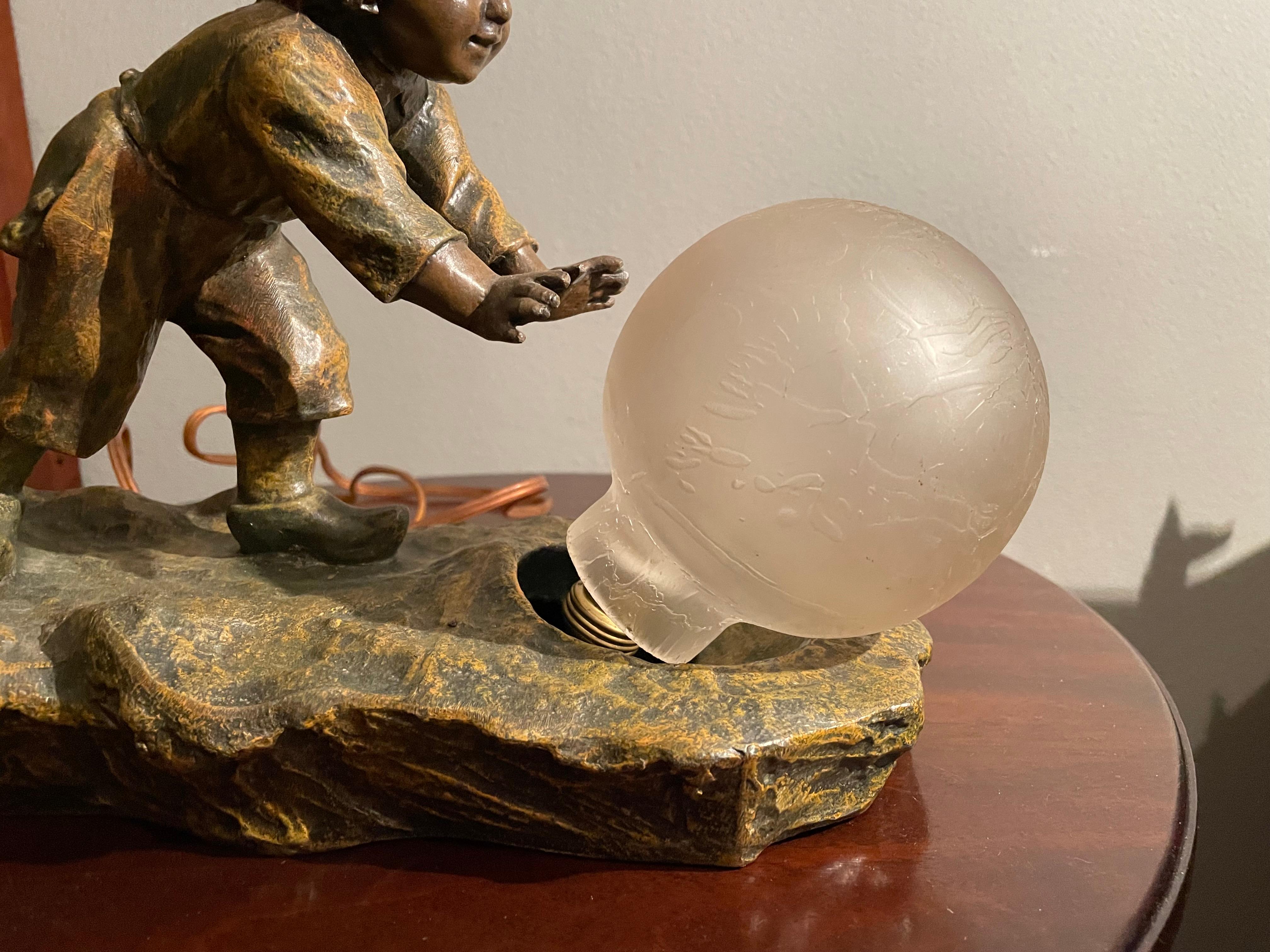 Glass Playful Antique Jugendstil Boy and Snowball Table or Desk Lamp by A. de Ranieri For Sale