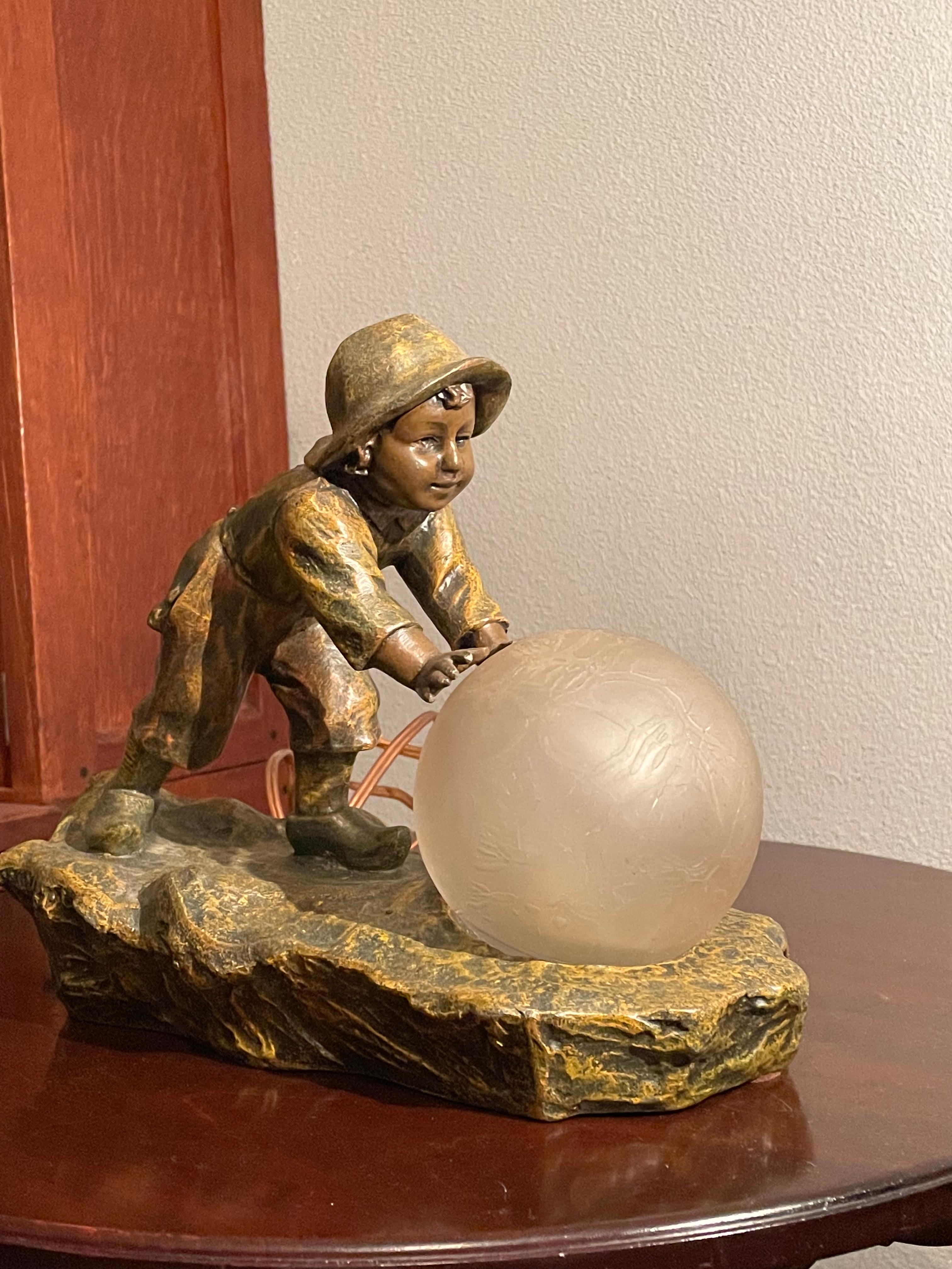 Playful Antique Jugendstil Boy and Snowball Table or Desk Lamp by A. de Ranieri 3
