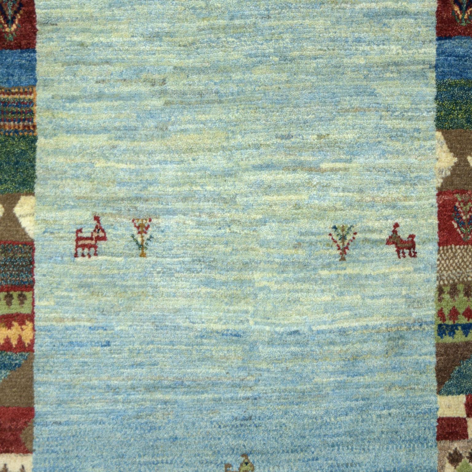 Vegetable Dyed Playful Blue, Cream, and Red Wool Kashkouli Tribal Persian Carpet