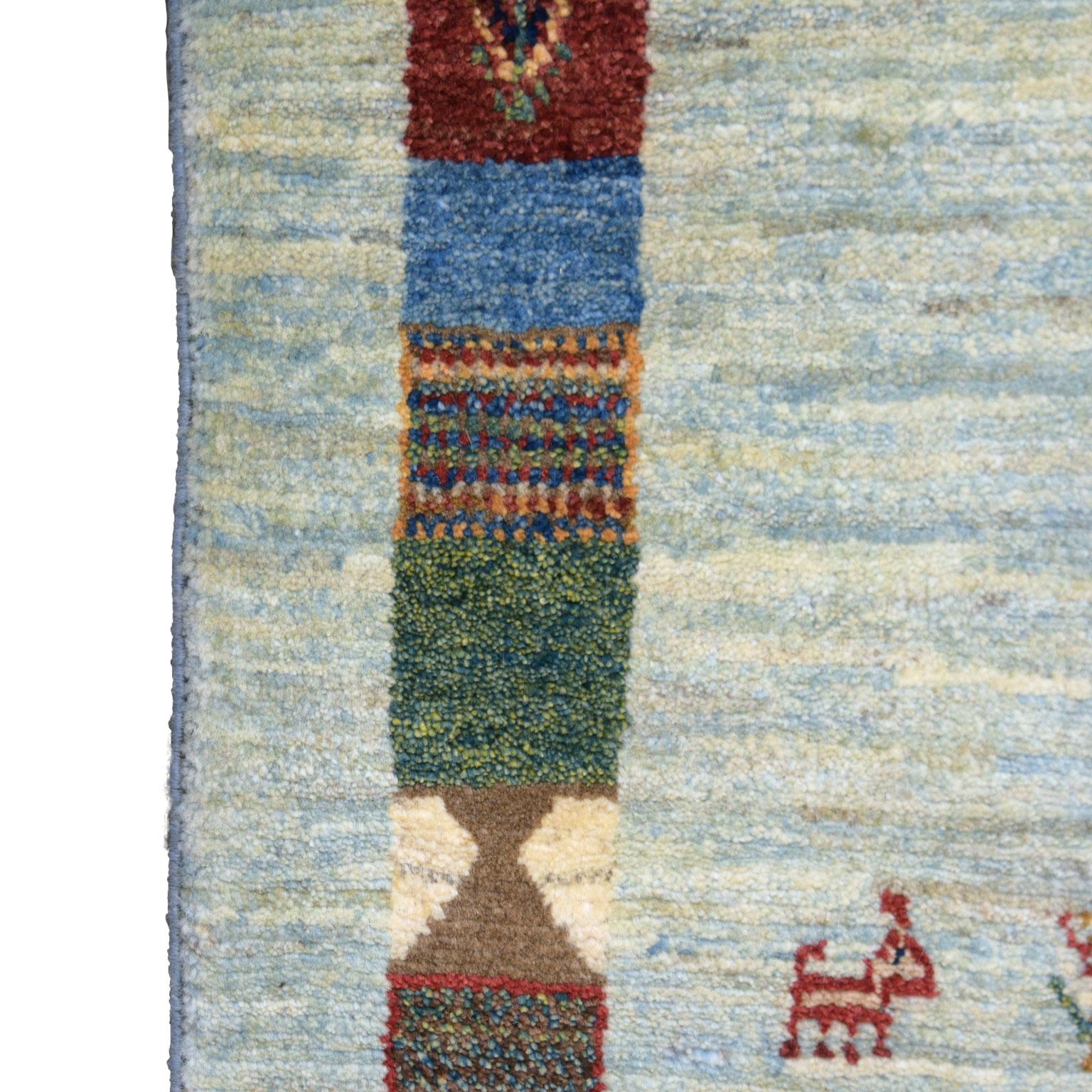 Playful Blue, Cream, and Red Wool Kashkouli Tribal Persian Carpet 2