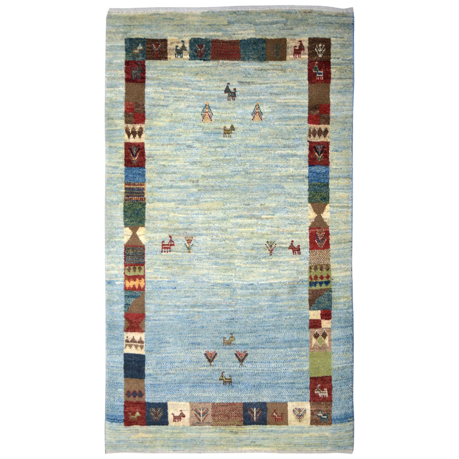 Playful Blue, Cream, and Red Wool Kashkouli Tribal Persian Carpet