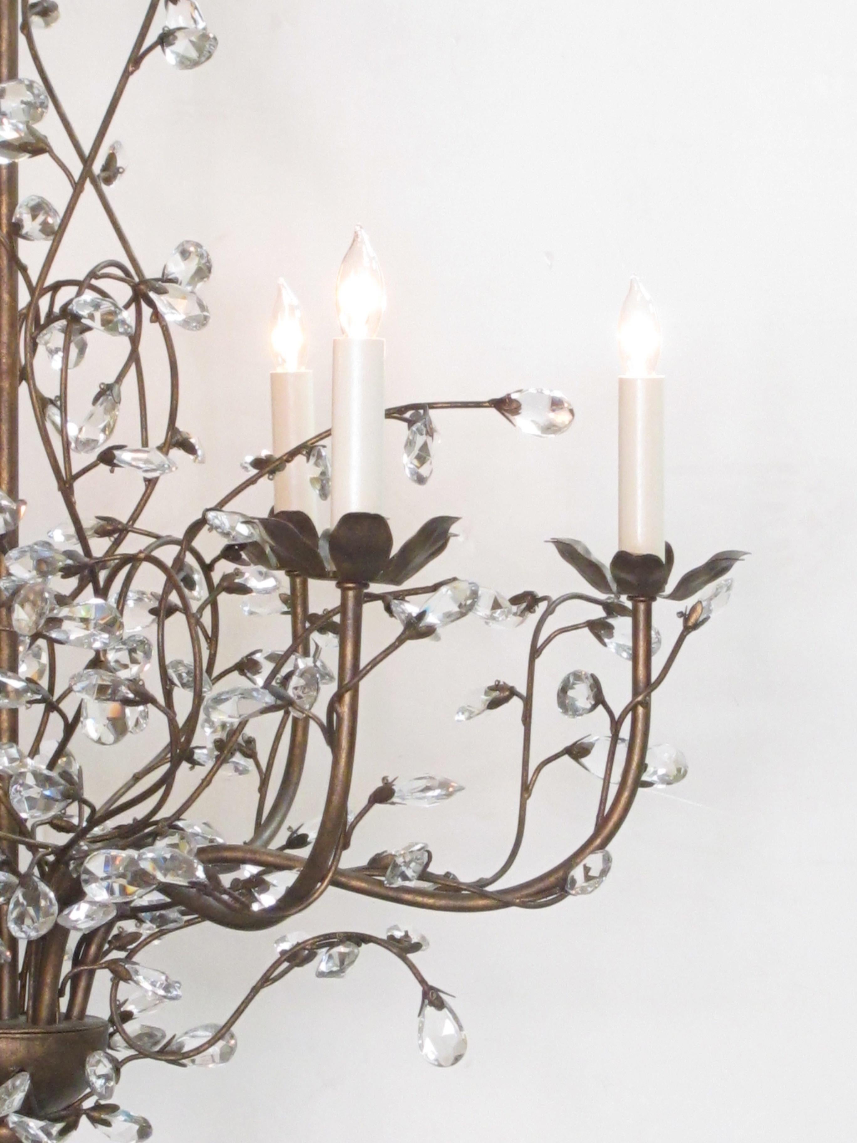Late 20th Century Playful Italian 1970s Six-Arm Chandelier Adorned with Crystal Foliate Tendrils
