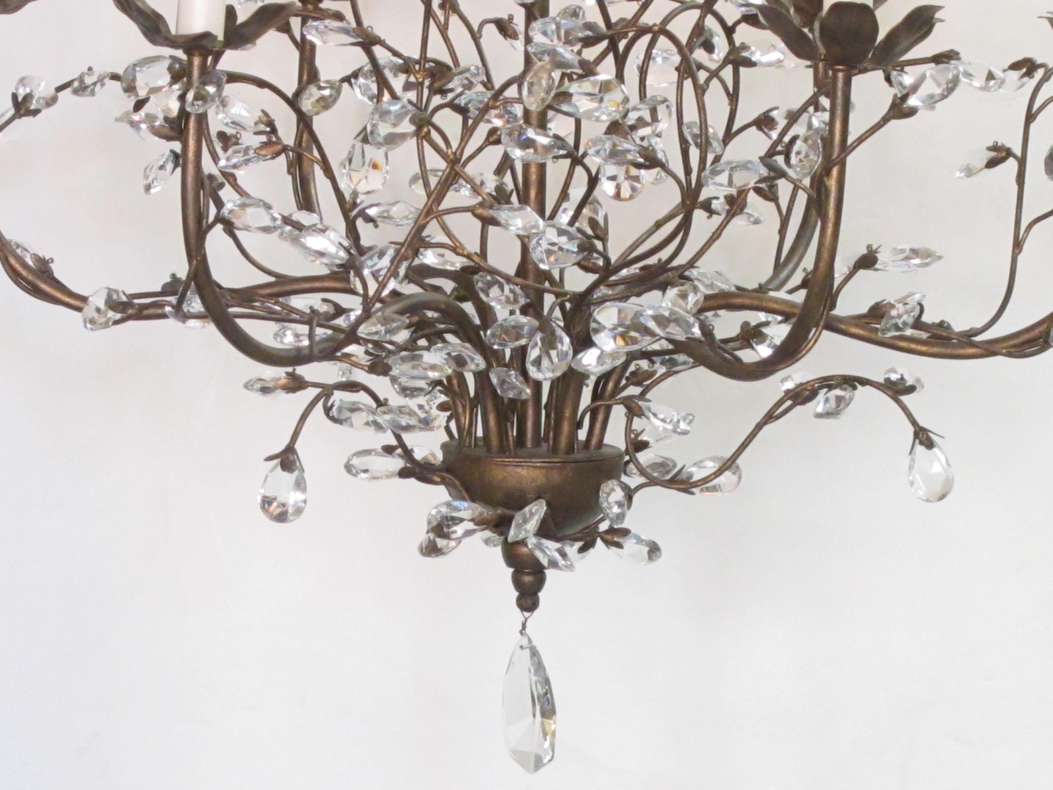 Playful Italian 1970s Six-Arm Chandelier Adorned with Crystal Foliate Tendrils 1