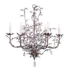Playful Italian 1970s Six-Arm Chandelier Adorned with Crystal Foliate Tendrils