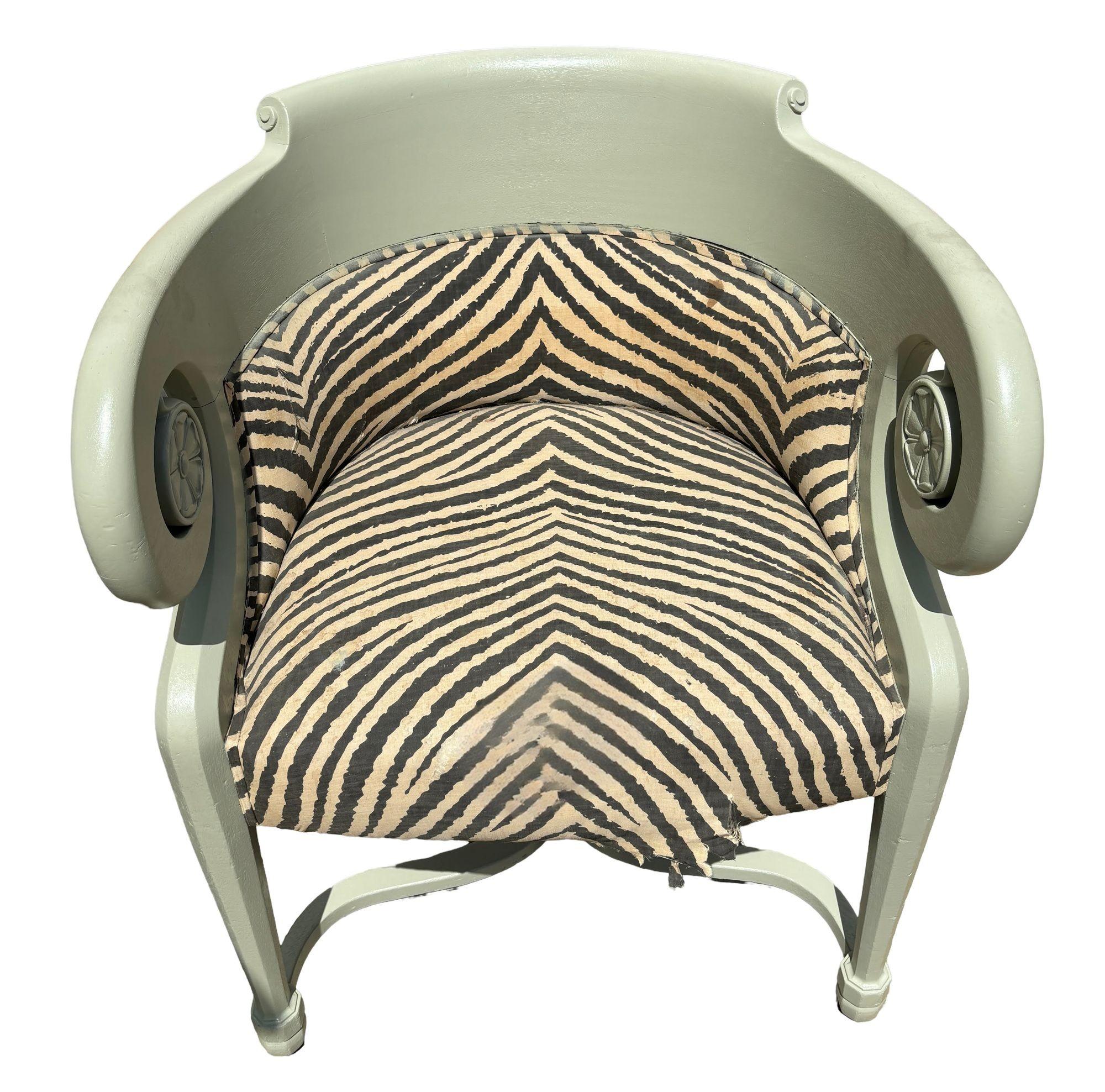 Original Post-war traditional Biedermeier parlor lounge chair with large scrolling arms given a playful Post-modern Memphis-inspired twist with a seafoam green paint job and zebra print upholstery. This classically designed chair was made sometime
