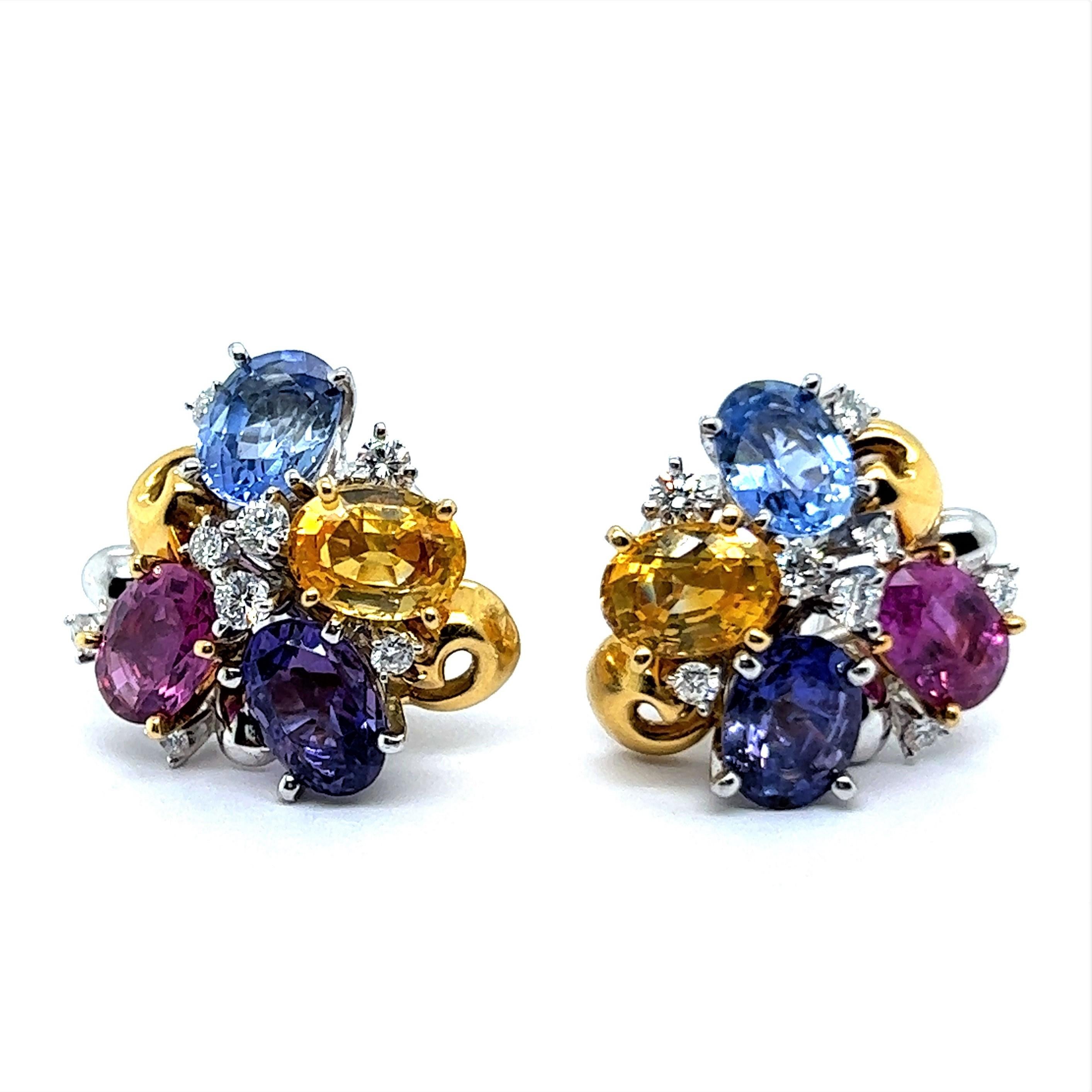 Oval Cut Playful Multi-Colored Sapphire Earrings in 18 Karat White and Yellow Gold For Sale