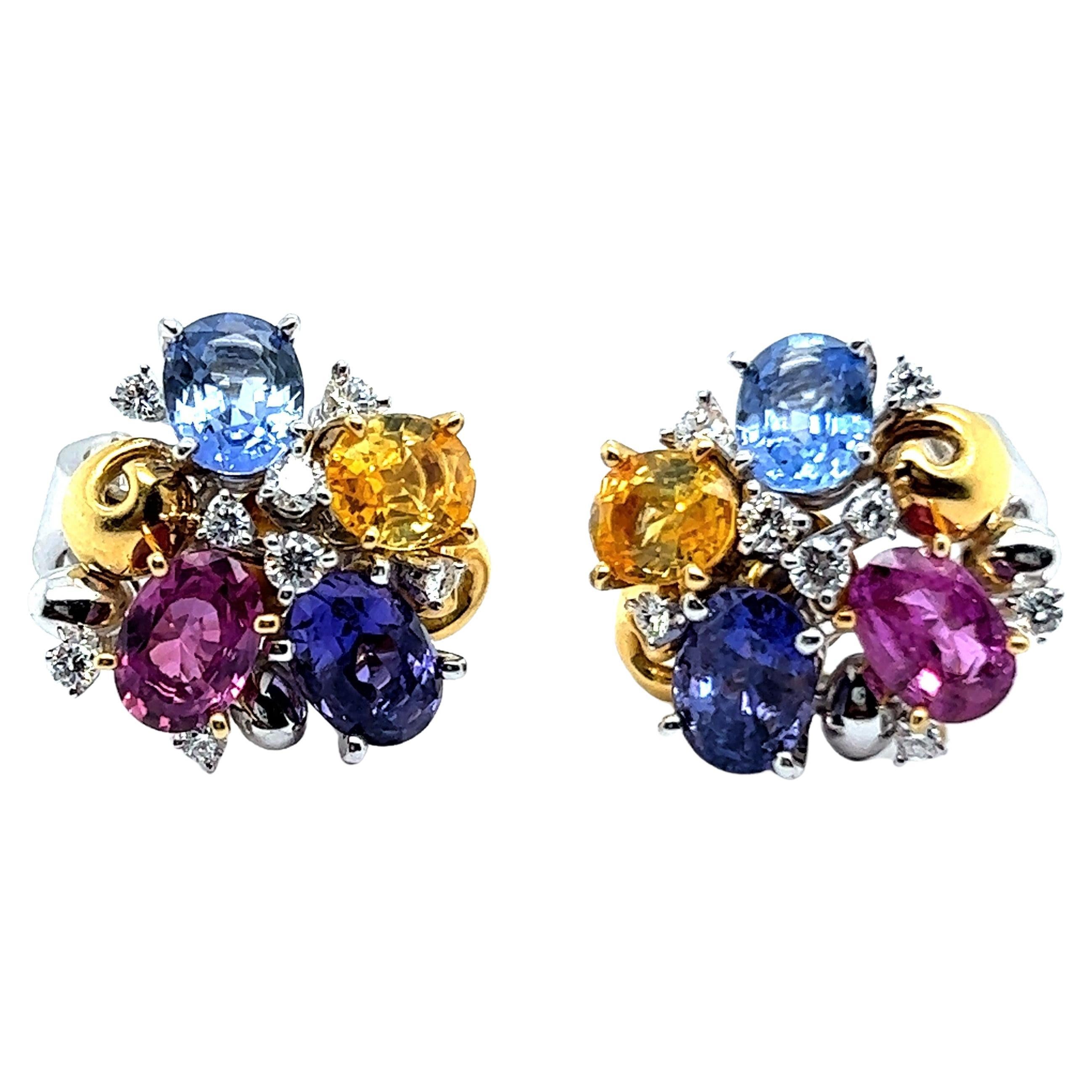 Playful Multi-Colored Sapphire Earrings in 18 Karat White and Yellow Gold