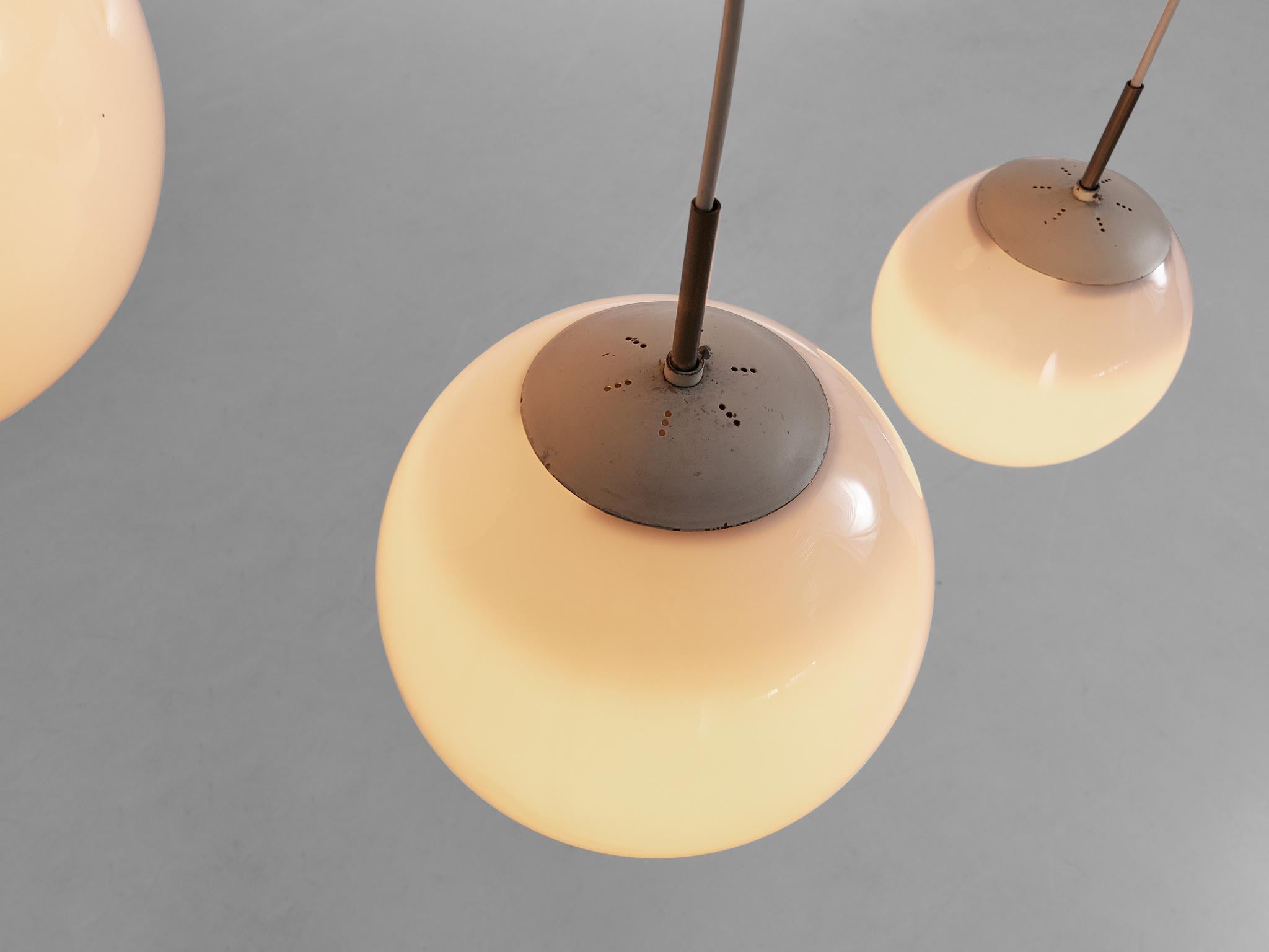Mid-Century Modern Playful Pendant with Six Spheres in Opaline Glass For Sale