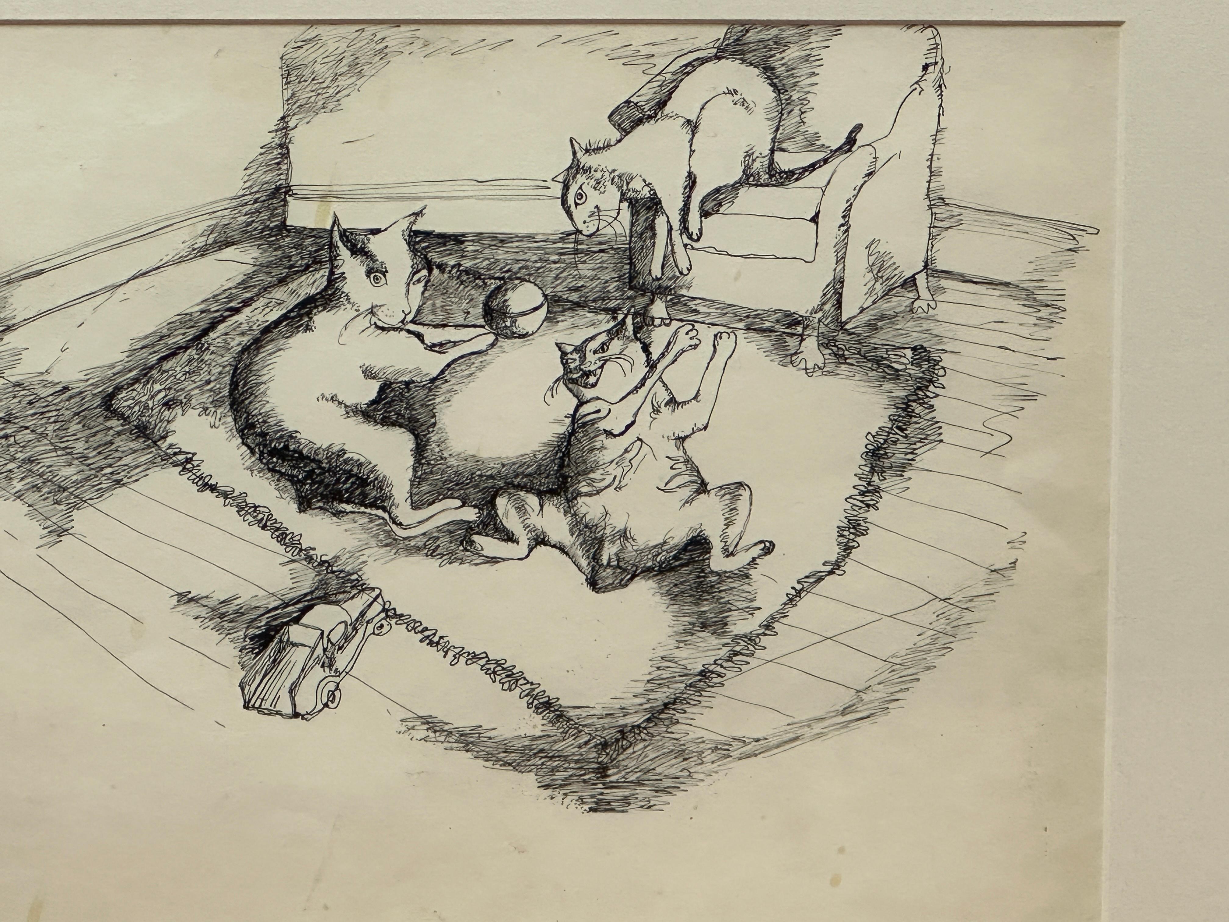 Esta tinta humorística representa a tres gatos en un momento de juego e interacción. Ante un dibujo de este tipo, podríamos caer en la tentación de simplificar el análisis, reduciendo así el trabajo del artista a algo anecdótico. El mundo del arte