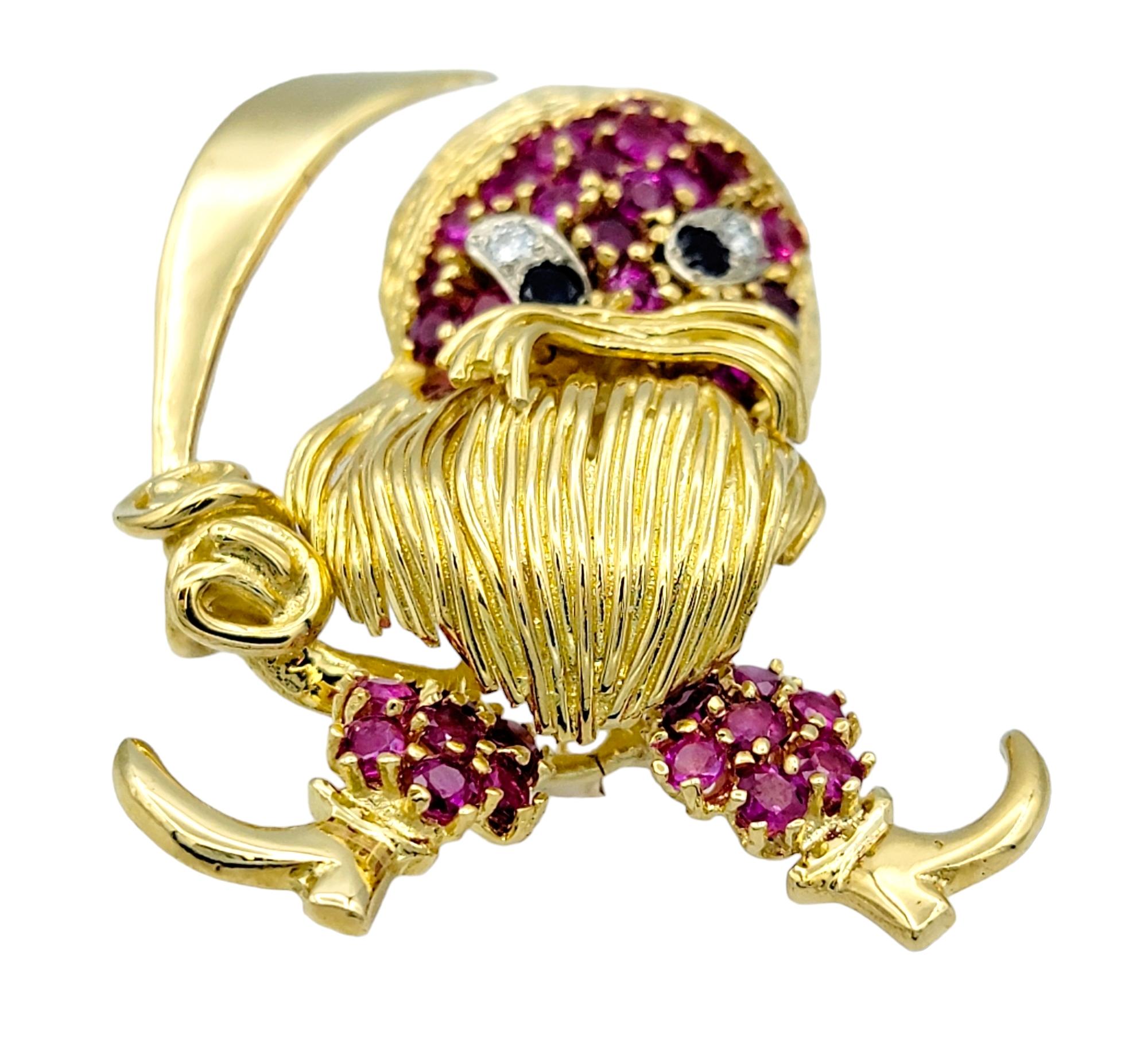 This whimsical brooch is a true embodiment of artistic imagination and craftsmanship, fashioned in lustrous 18 karat yellow gold. Taking the form of an animated pirate, this piece is a testament to attention to detail and playful design. The