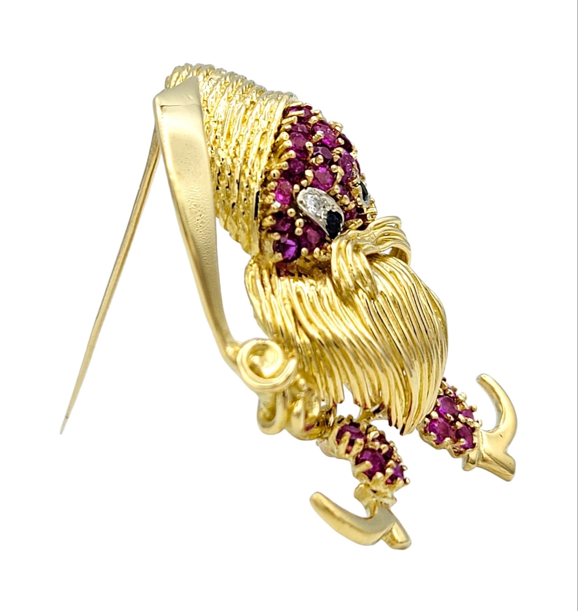 Contemporary Playful Pirate Brooch with Rubies, Sapphires and Diamonds, 18 Karat Yellow Gold For Sale