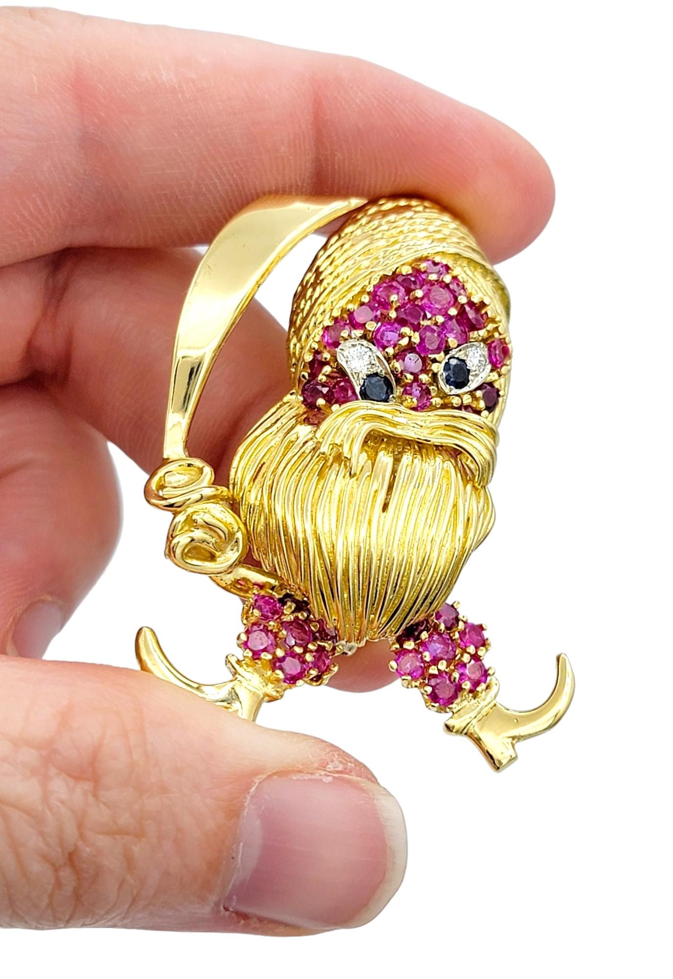 Playful Pirate Brooch with Rubies, Sapphires and Diamonds, 18 Karat Yellow Gold For Sale 2