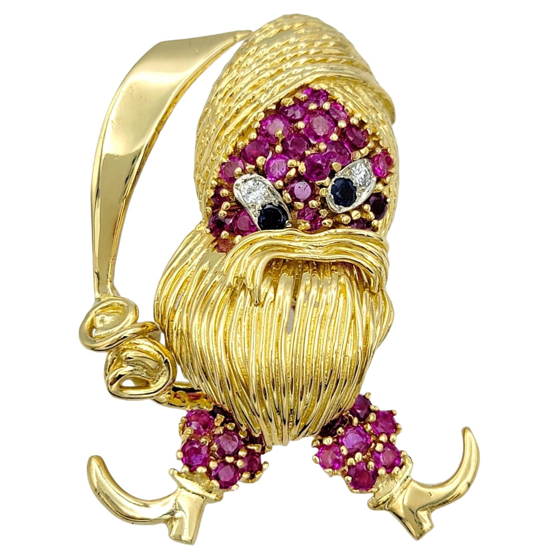 Playful Pirate Brooch with Rubies, Sapphires and Diamonds, 18 Karat Yellow Gold For Sale