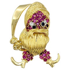 Playful Pirate Brooch with Rubies, Sapphires and Diamonds, 18 Karat Yellow Gold