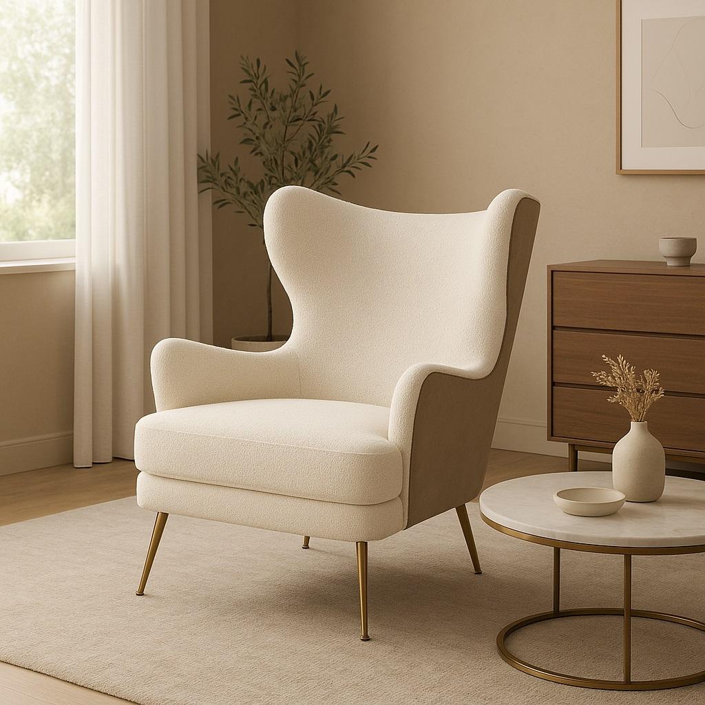 Mid-Century Modern Playful Sculptural Armchair with Winged Back and Slim Tapered Brass Legs For Sale