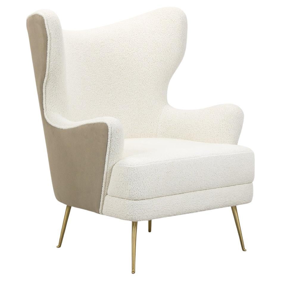 Portuguese Playful Sculptural Armchair with Winged Back and Slim Tapered Brass Legs For Sale