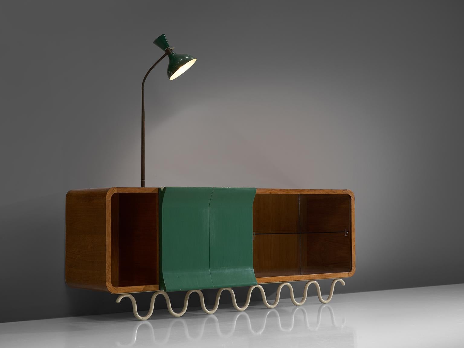 Mid-Century Modern Playful Sideboard with Glass and Attached Lamp, Italy, 1950s