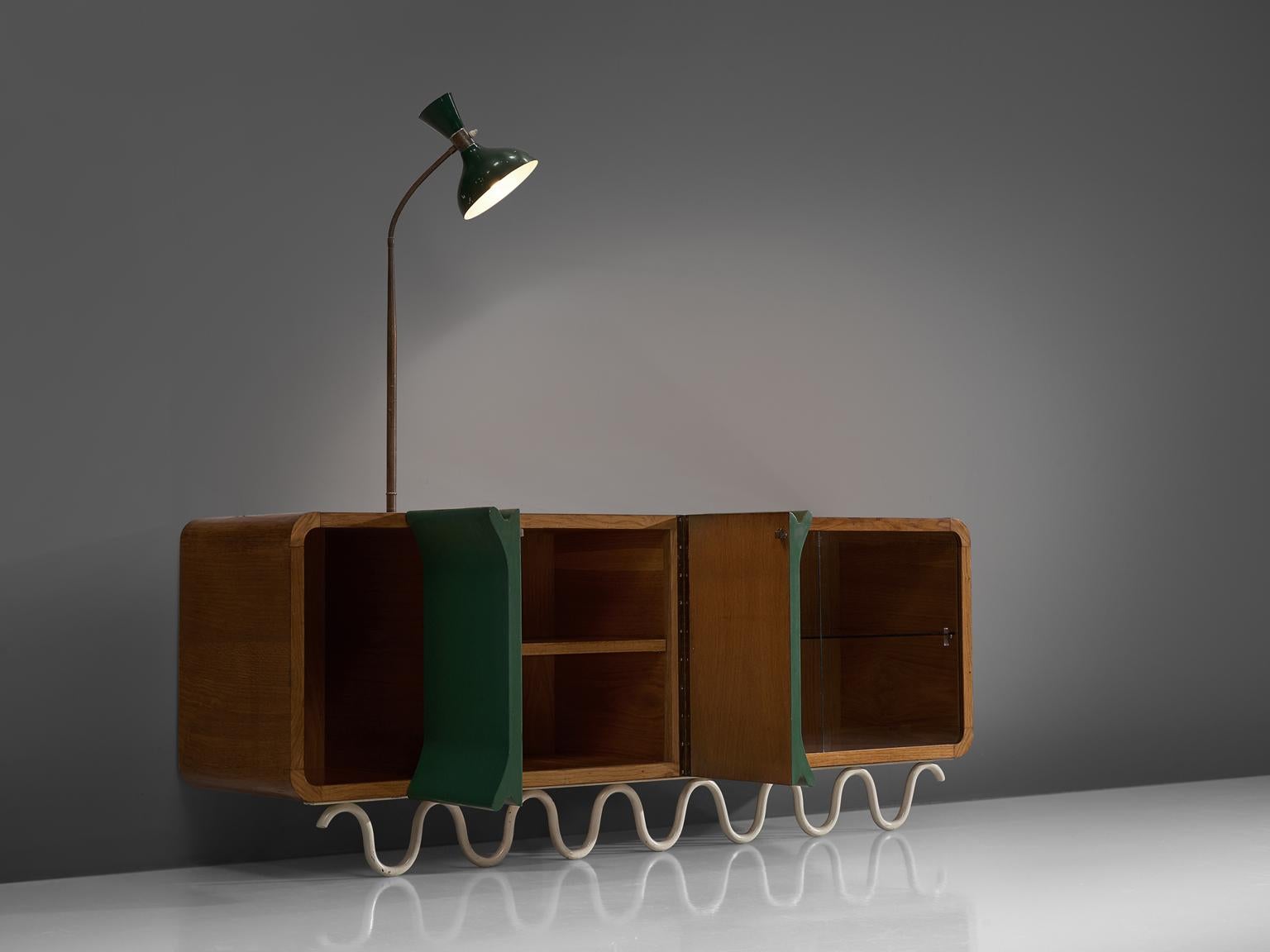 Italian Playful Sideboard with Glass and Attached Lamp, Italy, 1950s