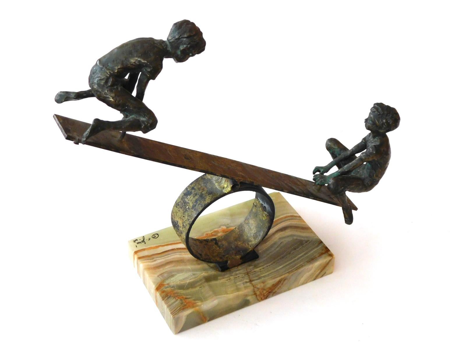 North American Playful Signed Bronze Seesaw Sculpture by Curtis Jere, 1968 For Sale