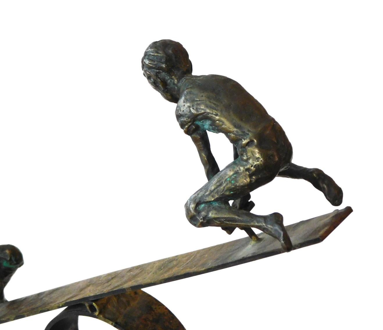 Playful Signed Bronze Seesaw Sculpture by Curtis Jere, 1968 In Good Condition For Sale In San Francisco, CA
