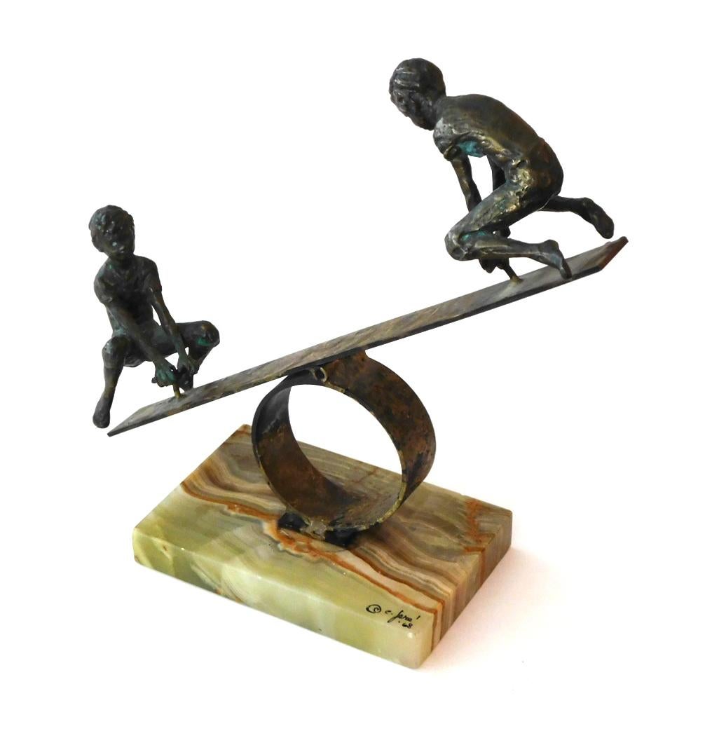 Mid-20th Century Playful Signed Bronze Seesaw Sculpture by Curtis Jere, 1968 For Sale