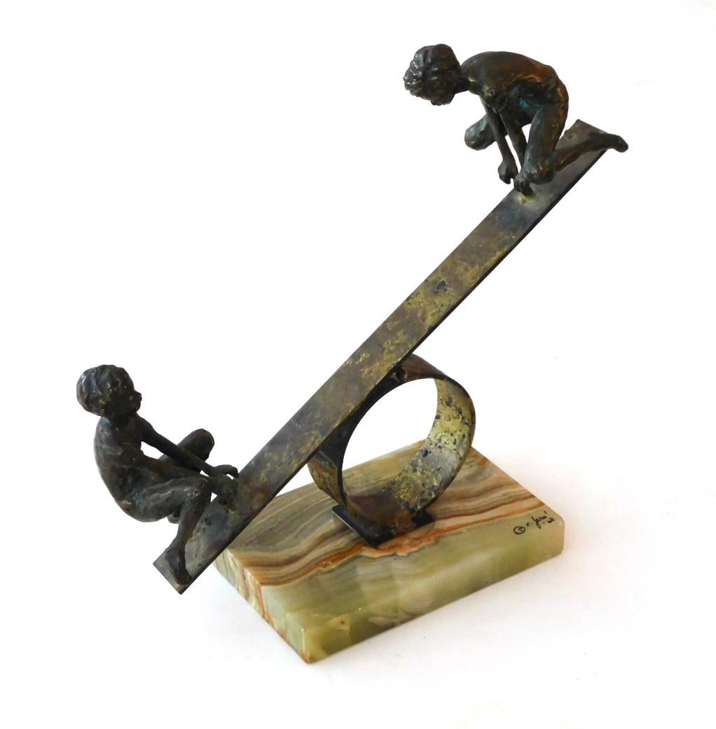 Playful Signed Bronze Seesaw Sculpture by Curtis Jere, 1968 For Sale 1