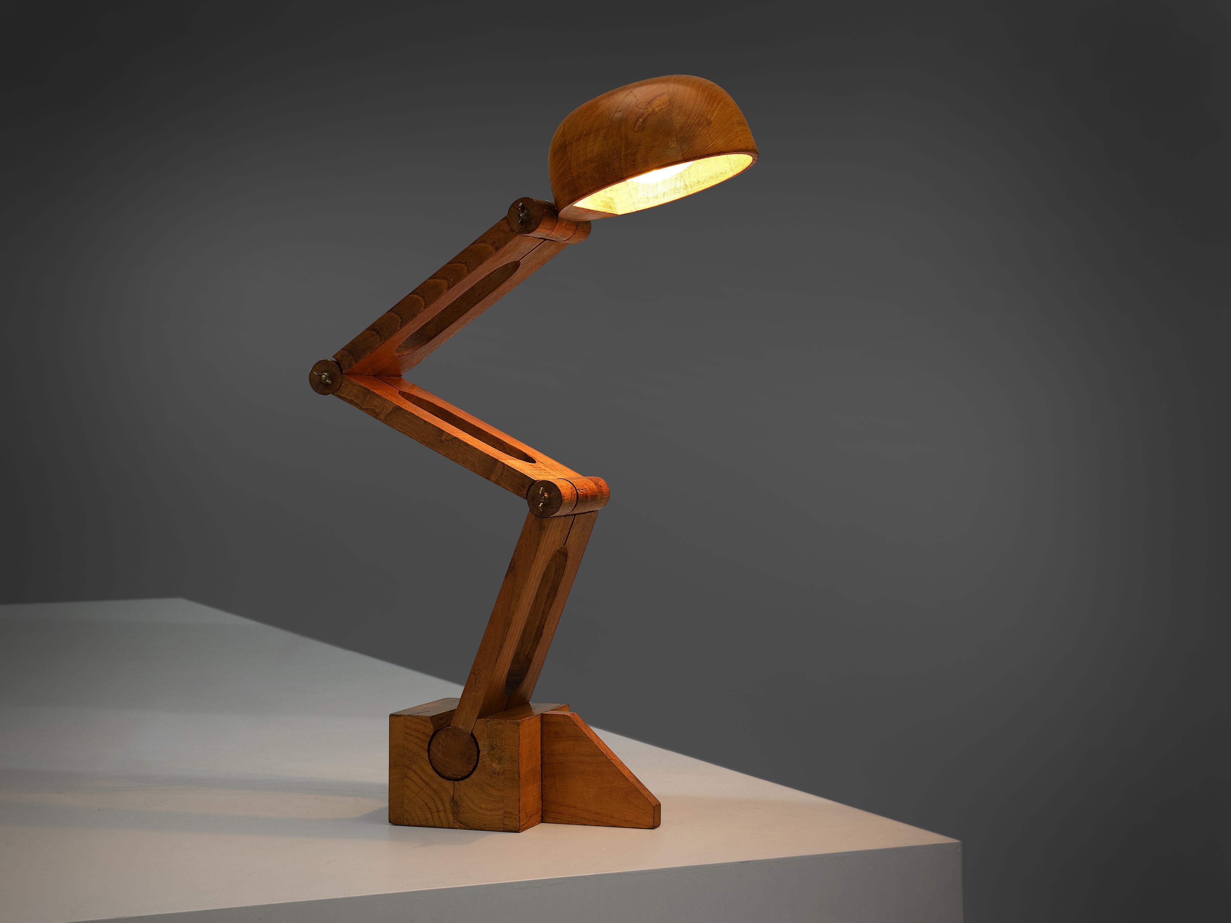 Playful table lamp by Paolo Pallucco in solid oak

Paolo Pallucco for Pallucco Roma, table lamp, oak, Italy, 1960s 

Functional yet playful desk lamp in characteristic material and shape. Paolo Pallucco used solid oak for his design of an