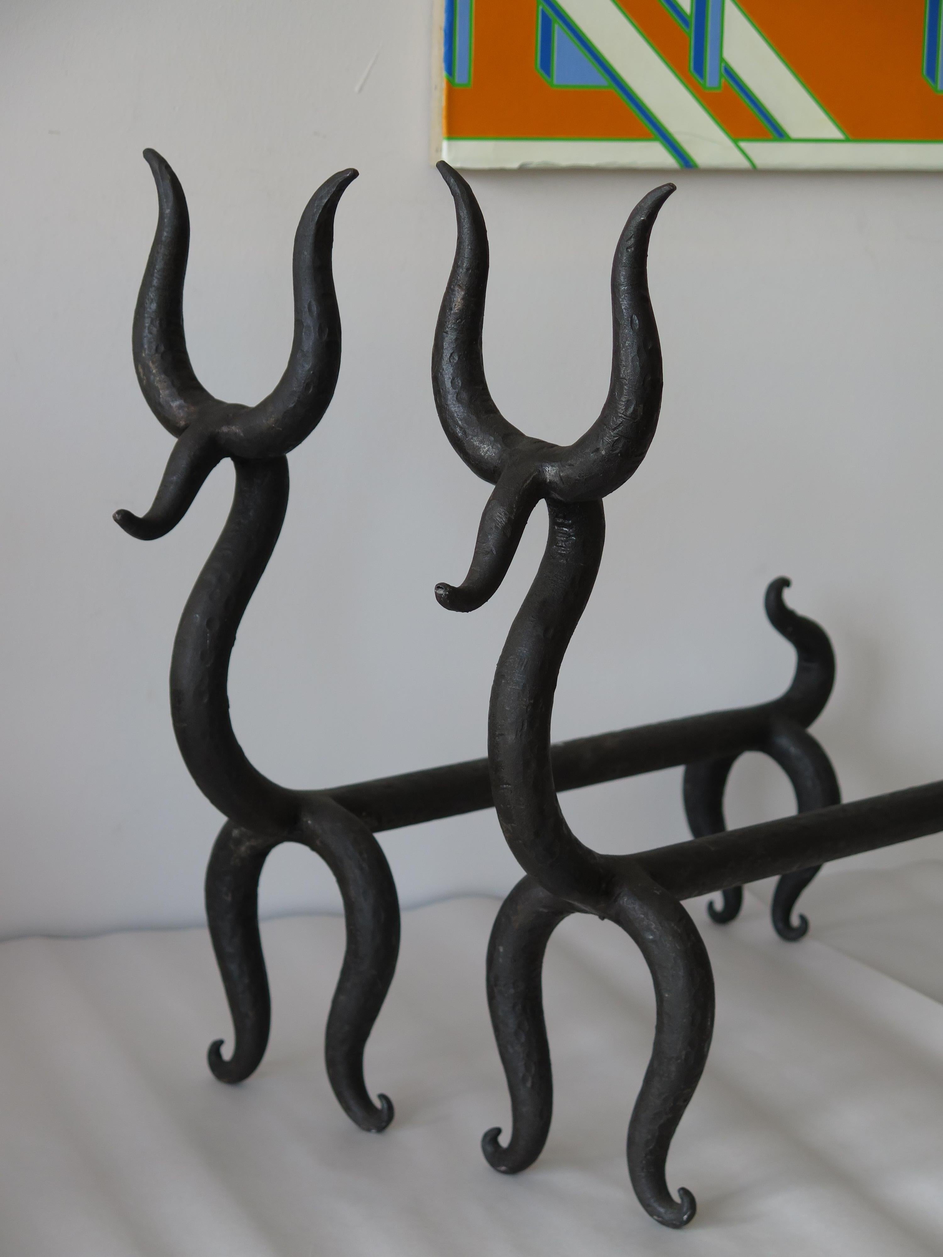 American Playful Animal Wrought Iron Andirons For Sale