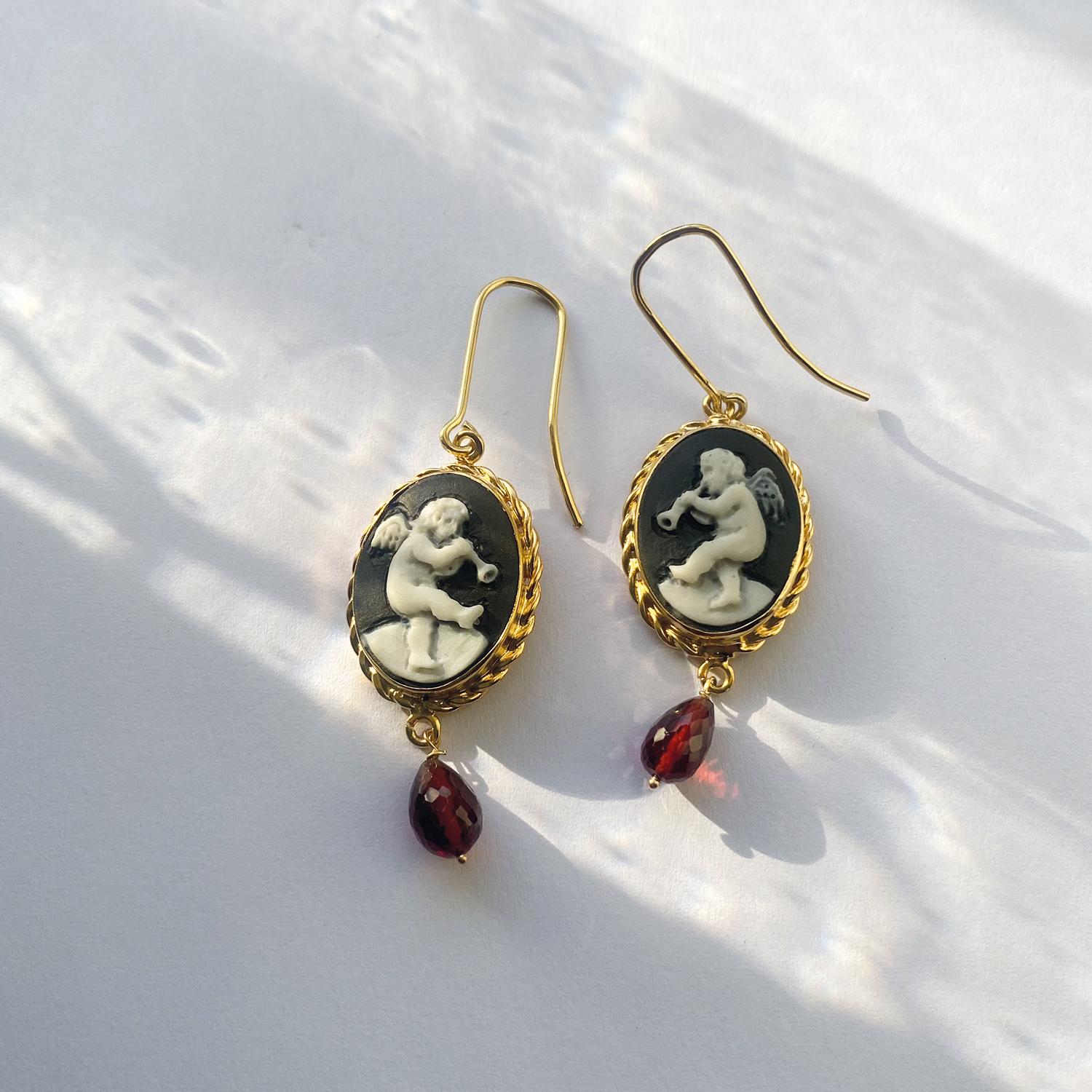 Baroque Playing Angels Cameo And Garnet Earrings For Sale