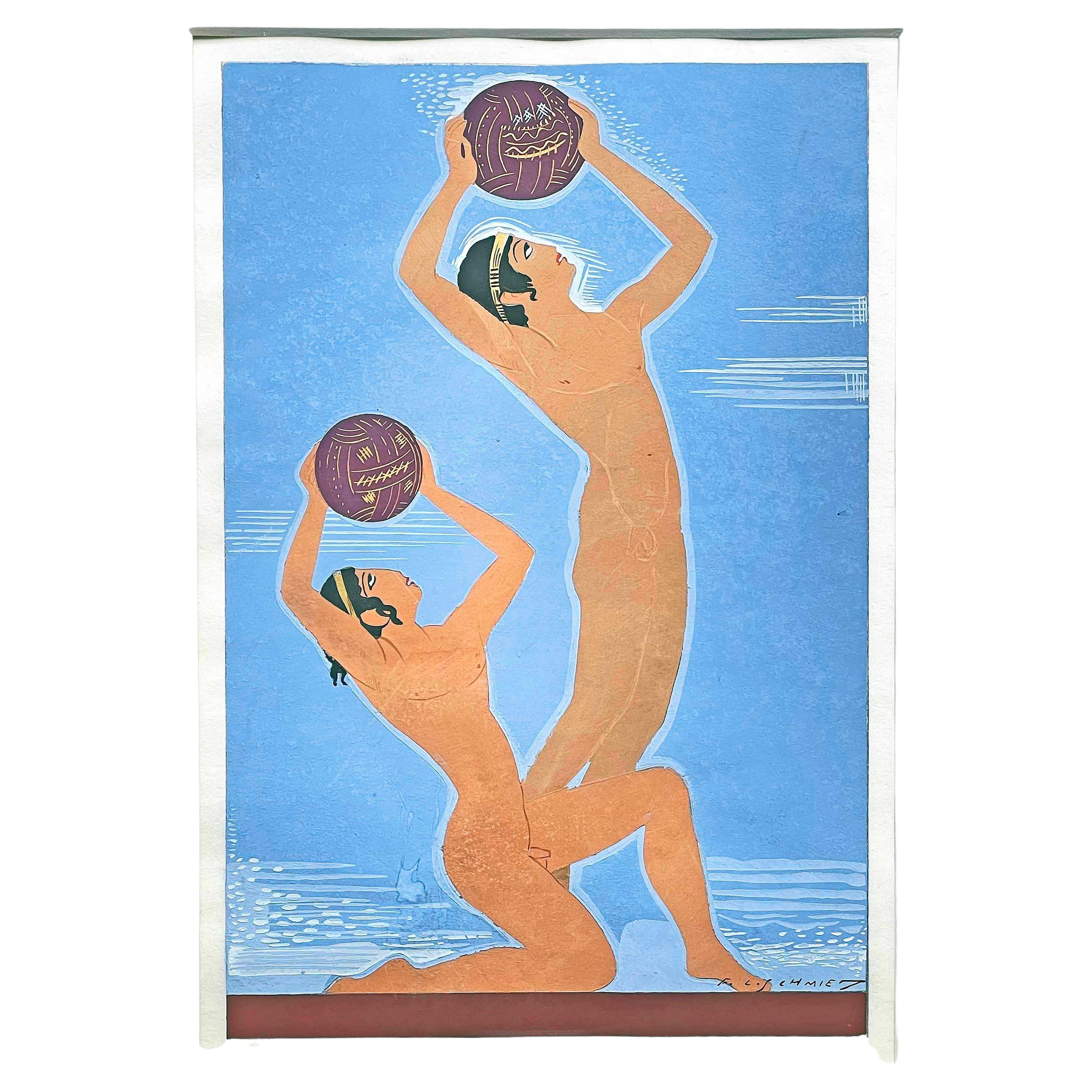 "Playing Ball", Superbe peinture Art Déco avec nus masculins par François-Louis Schmied