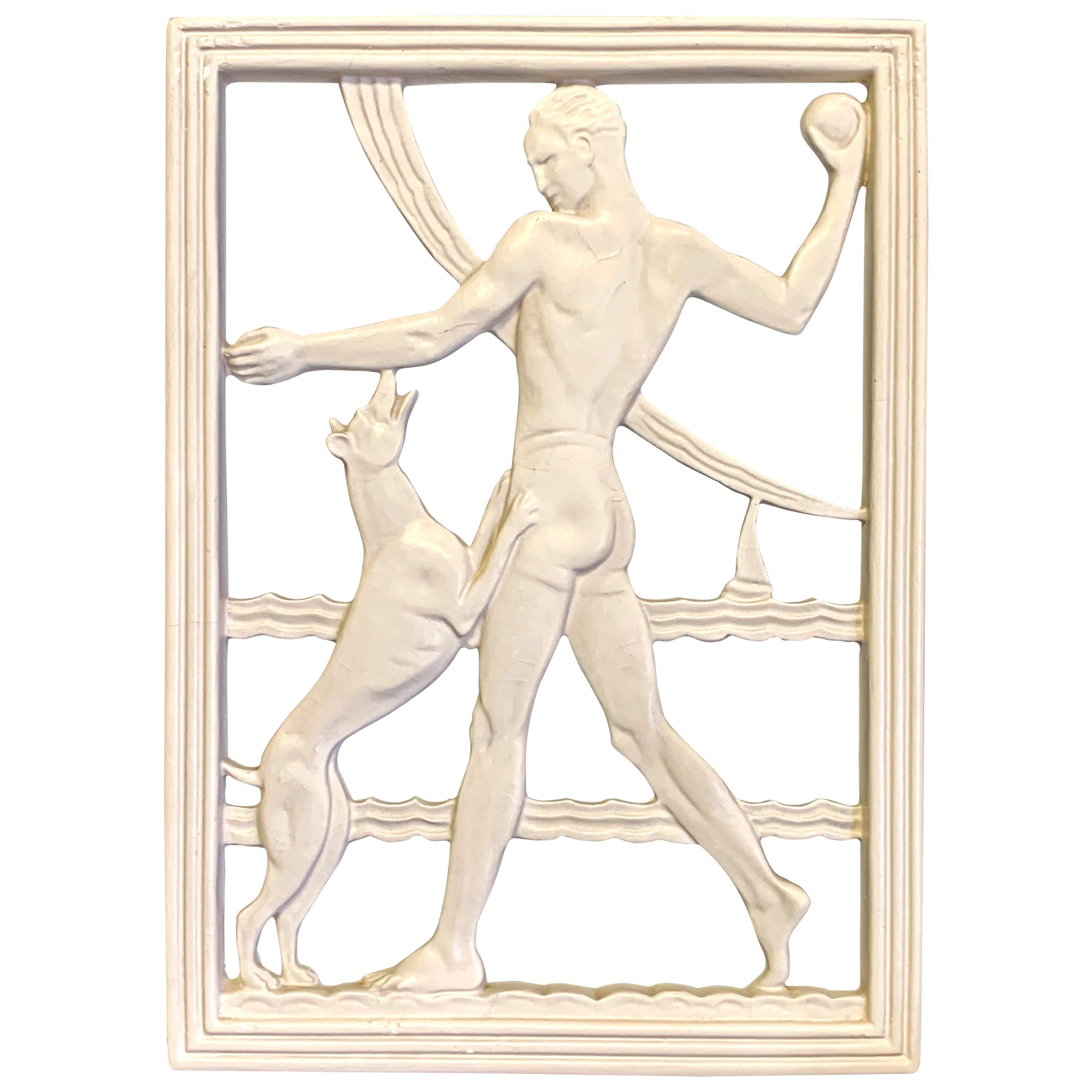 "Playing Fetch, " Art Deco Relief Panel with Man in Swimsuit and Greyhound