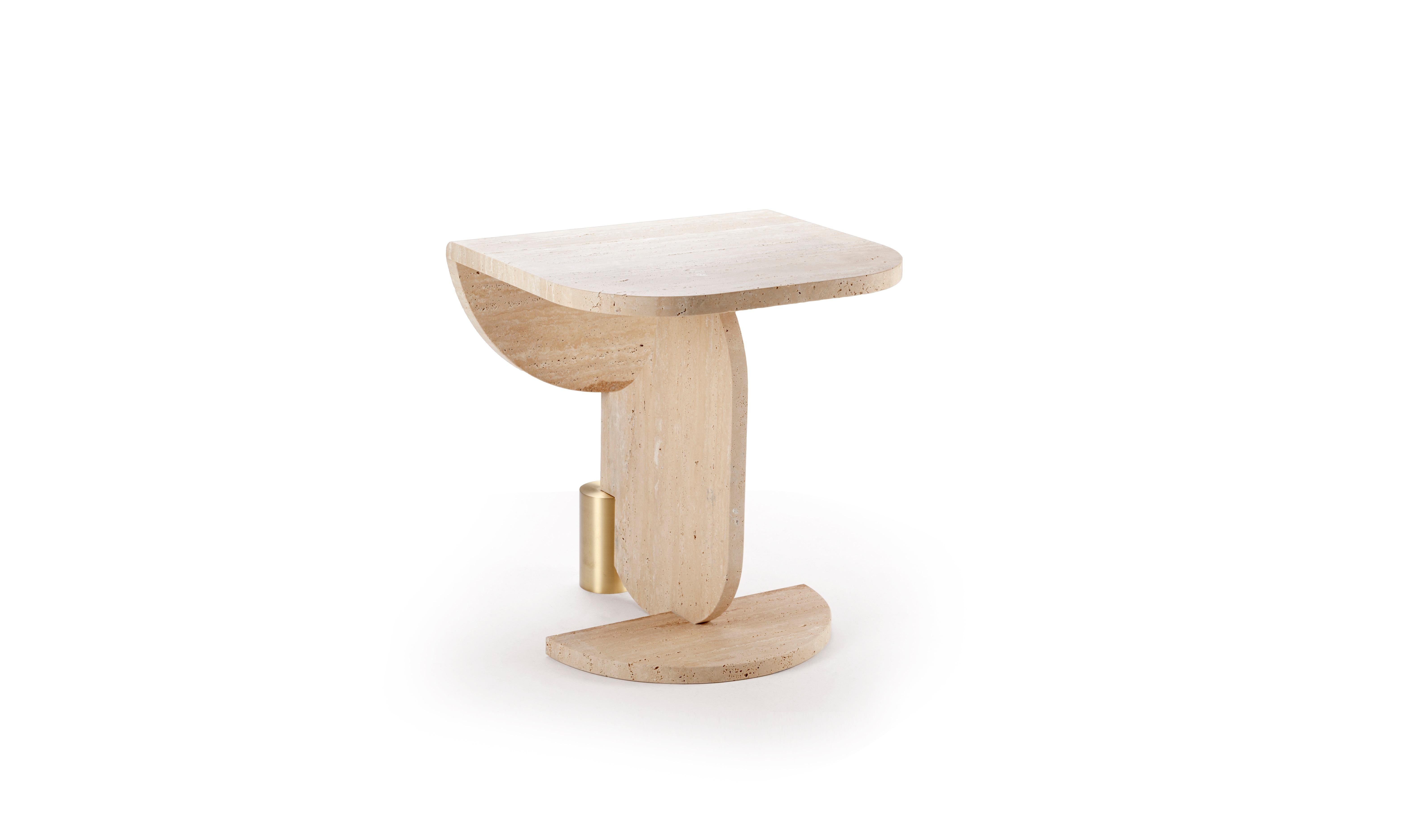 Playing games side table by Dooq.
Dimensions: D 52 x W 60 x H 61 cm. 
Materials: Travertine marble, brass.

The essential shapes of these tables play between them in an alluring game of proportion and color which results in the creation of a