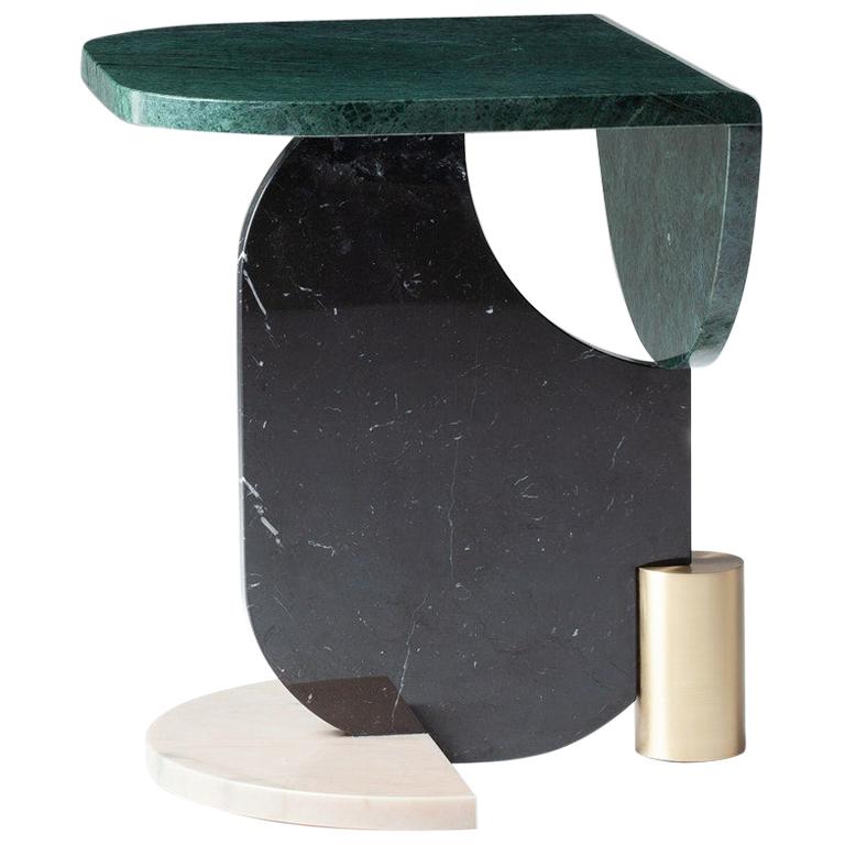 DOOQ Side Table in White, Nero Marquina, Green Guat. Marble& Brass Playing Games